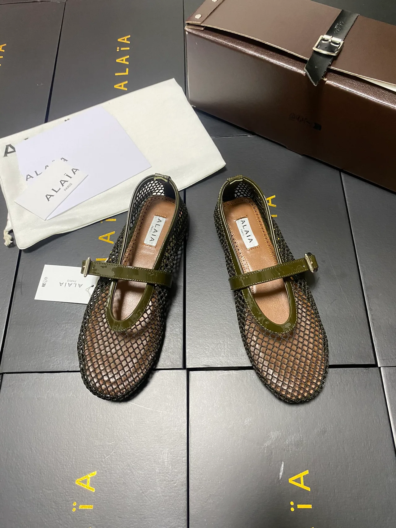 Alaia Cowhide Sheepskin Mesh Mary Jane Flats in Green · view 2