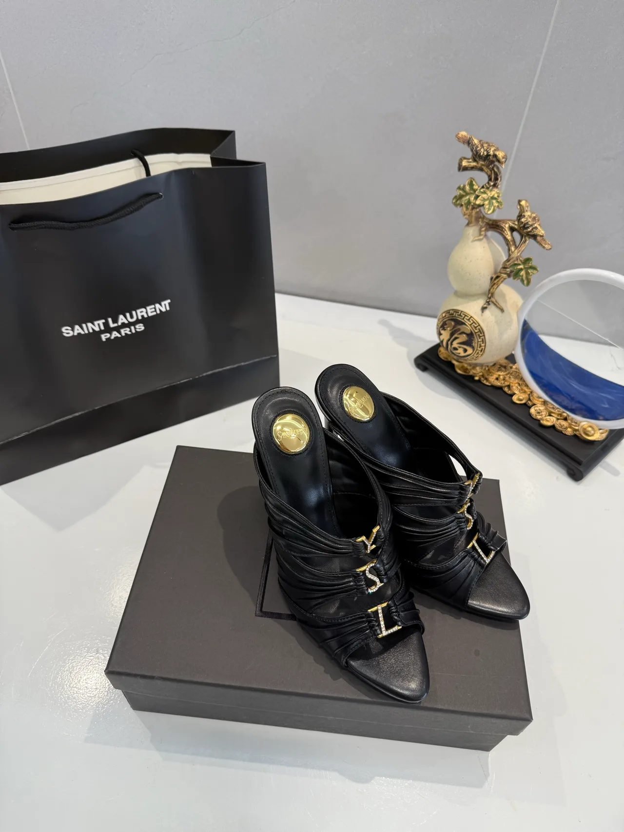 Saint Laurent Letter-Strap Heel Mules in Black / Red · view 2