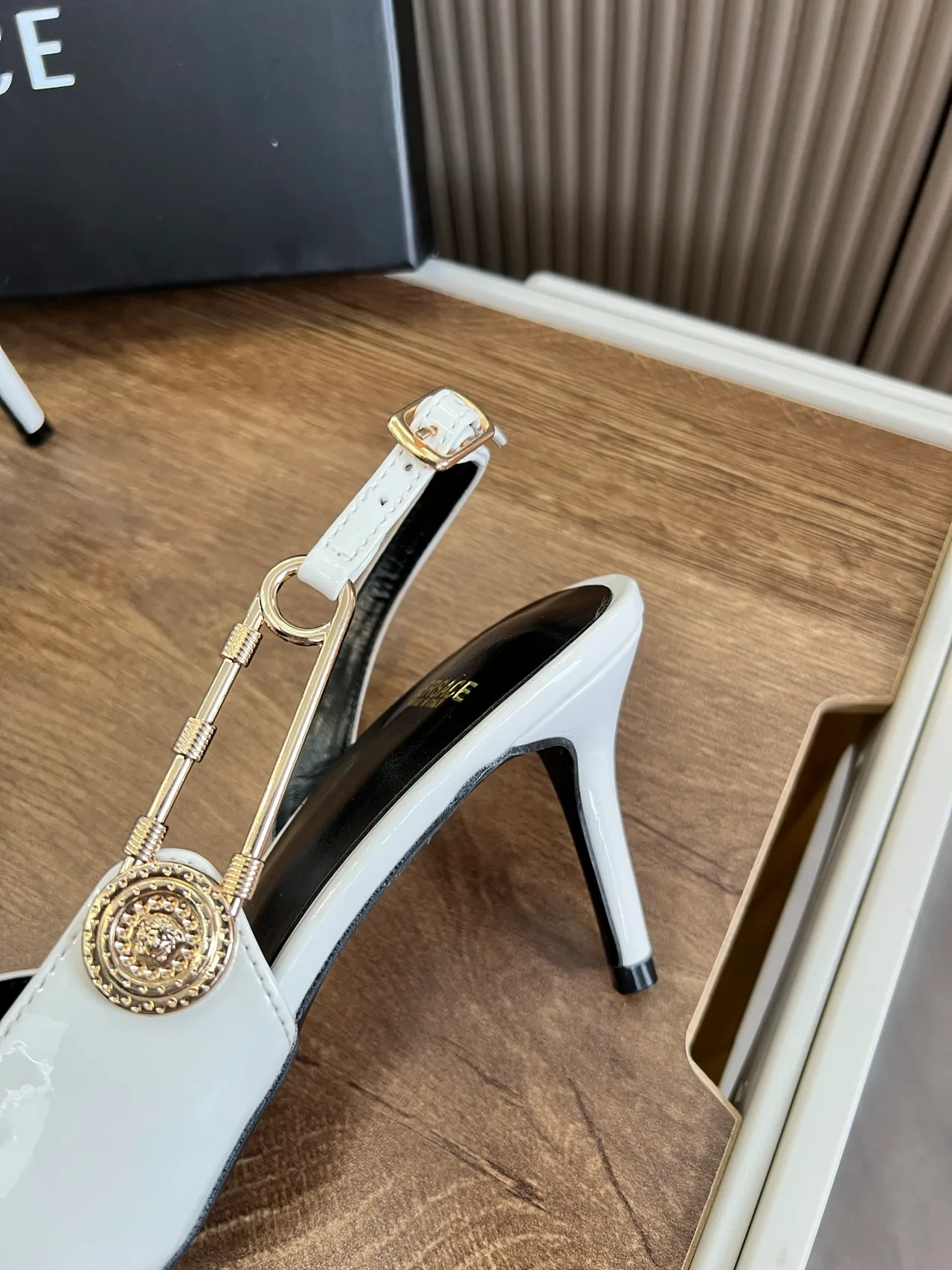Versace Pointed-Toe Pointed Slingback Pumps in White · view 6