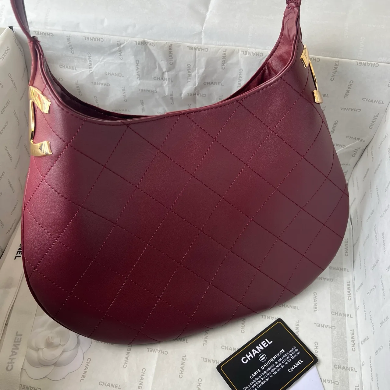 Chanel Quilted Hobo Bag in Burgundy · view 3