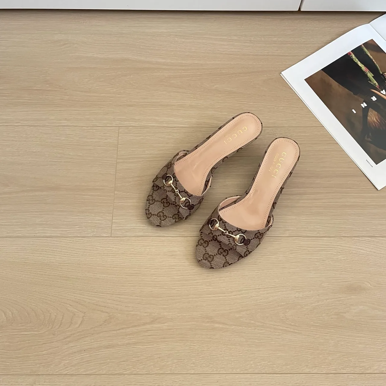 Gucci Canvas Square-Toe Buckle Mules in Brown · view 2