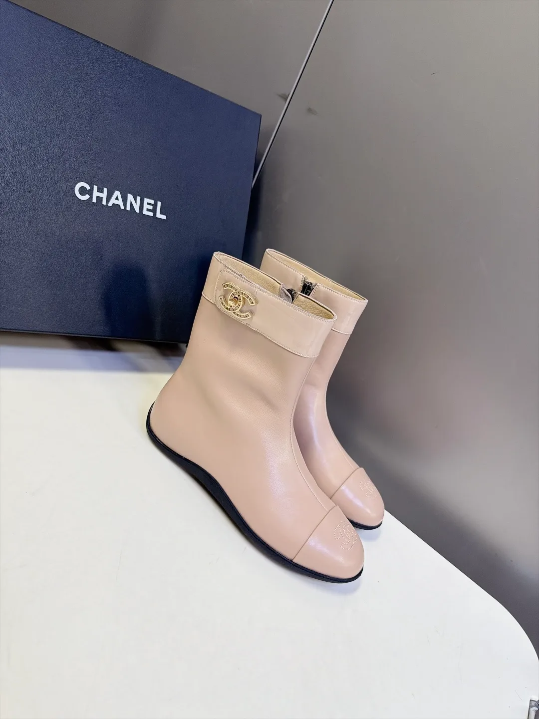Chanel Calfskin Glossy Ankle Boots in Beige · view 2
