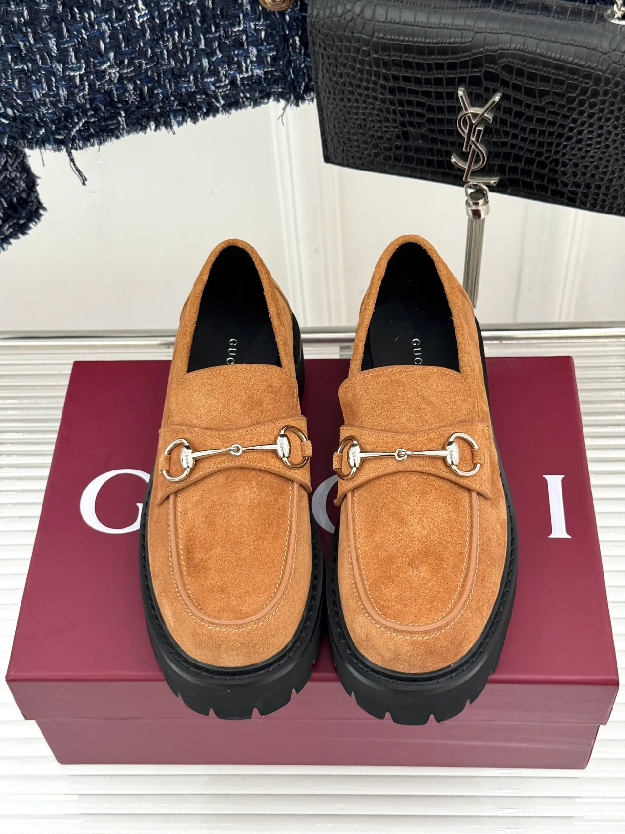 Gucci Glossy Suede-Look Round-Toe Loafers in Tan · view 4