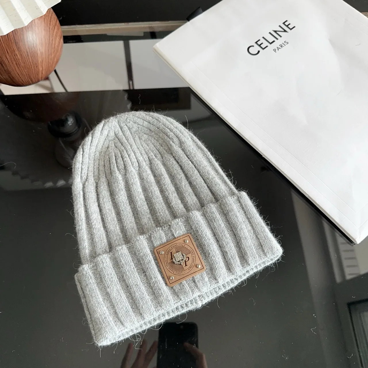 Celine Ribbed Beanie in Grey · view 5