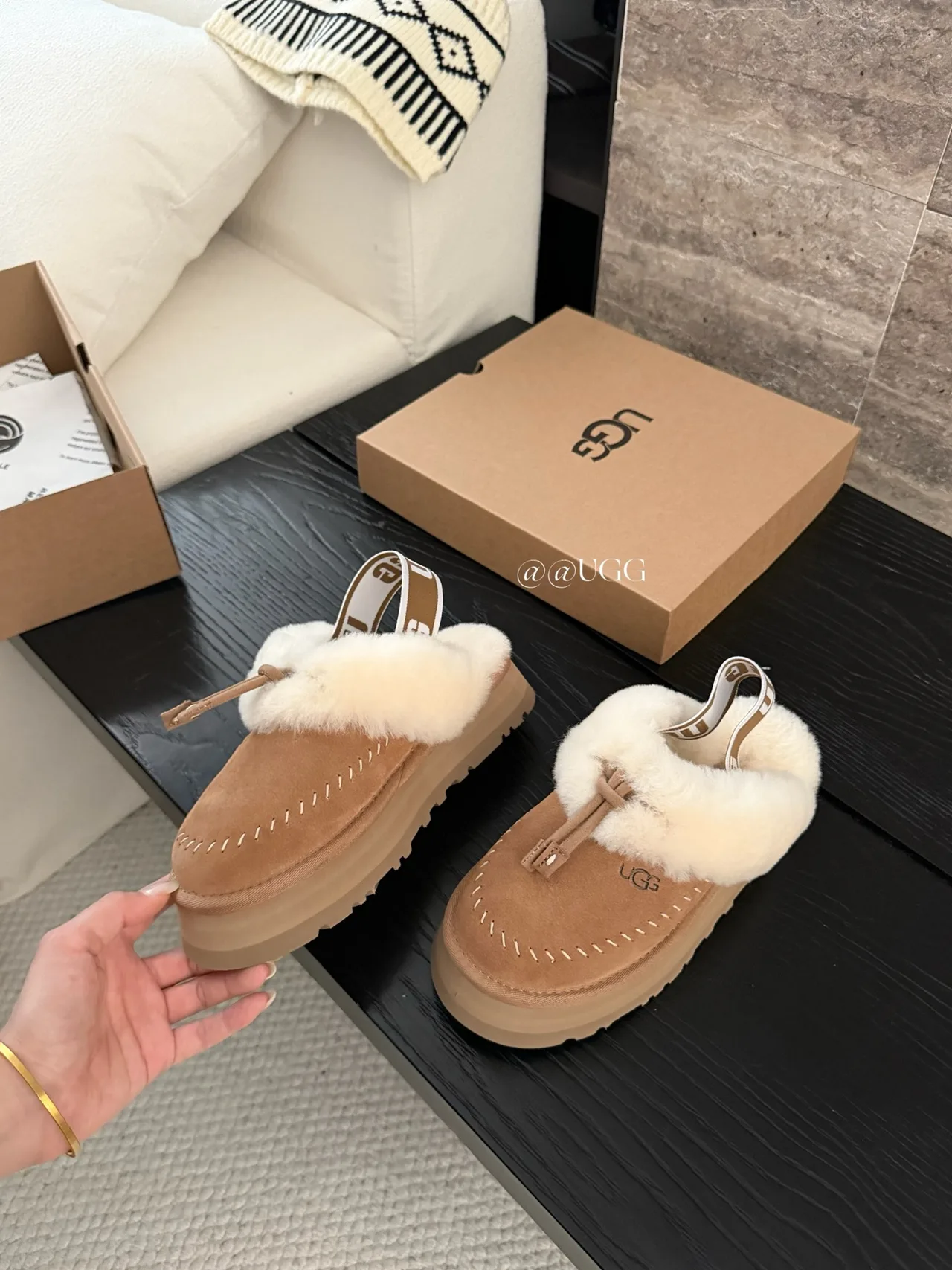 UGG Cowhide Wool Smooth Buckle Slippers in Tan · view 4