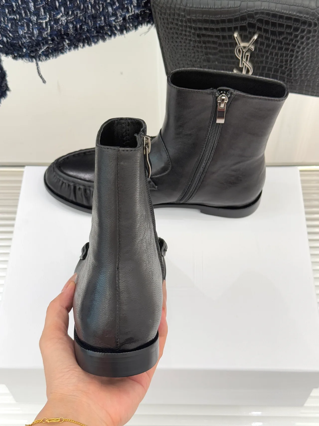 Saint Laurent Glossy Round-Toe Loafer Ankle Boots in Black · view 8