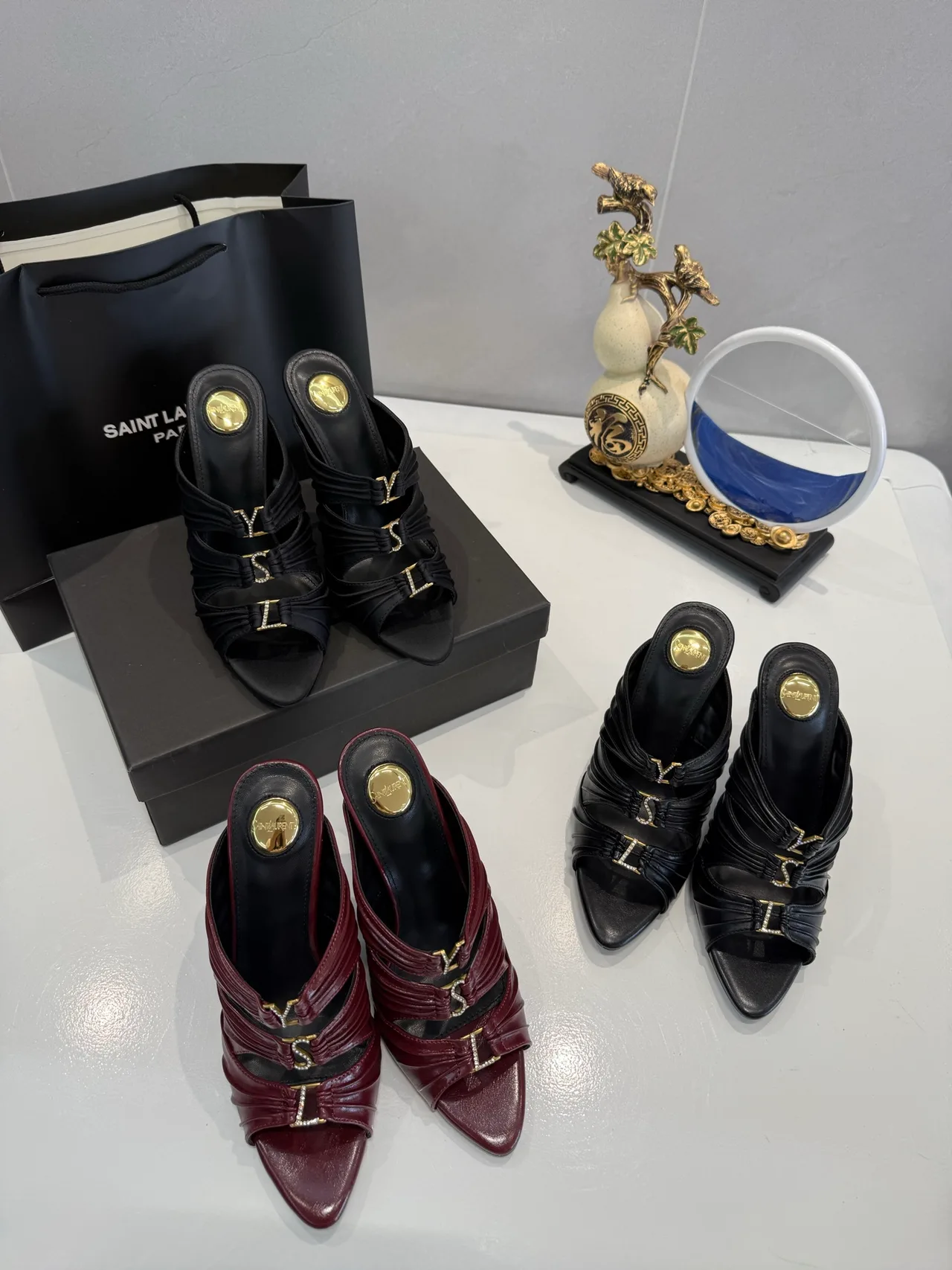 Saint Laurent Letter-Strap Heel Mules in Black / Red · view 1