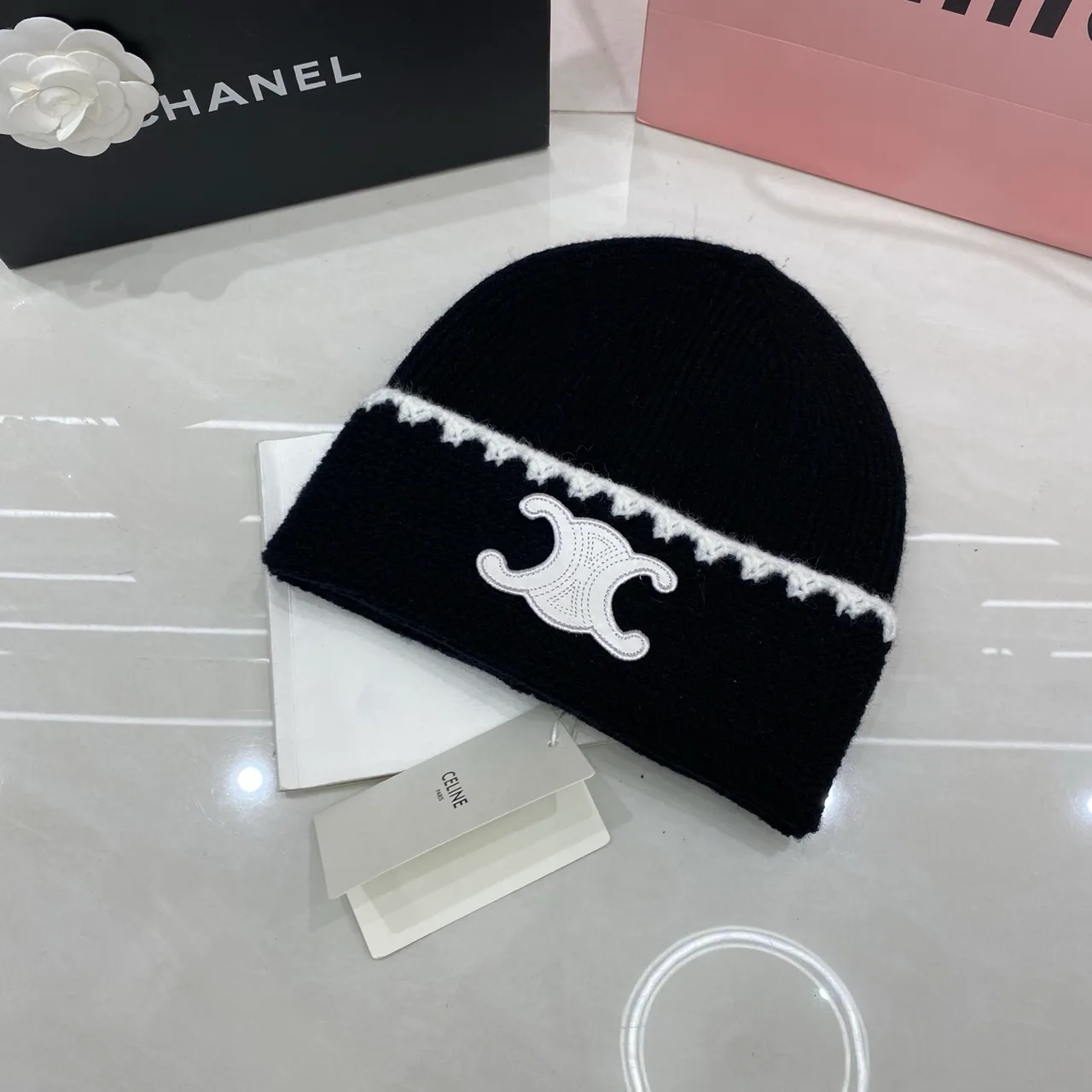 Celine Triomphe Beanie in Black & Brown & White & Grey · view 1