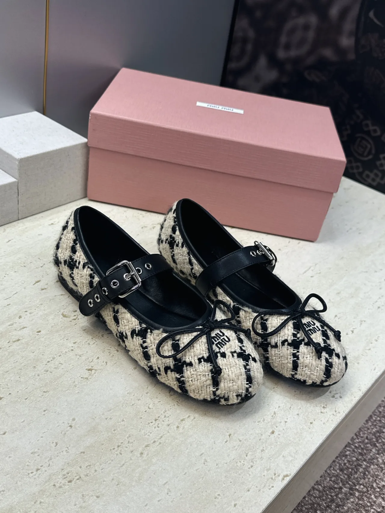 Miu Miu Calfskin Check Square-Toe Round-Toe Mary Jane Flats in Black · view 1