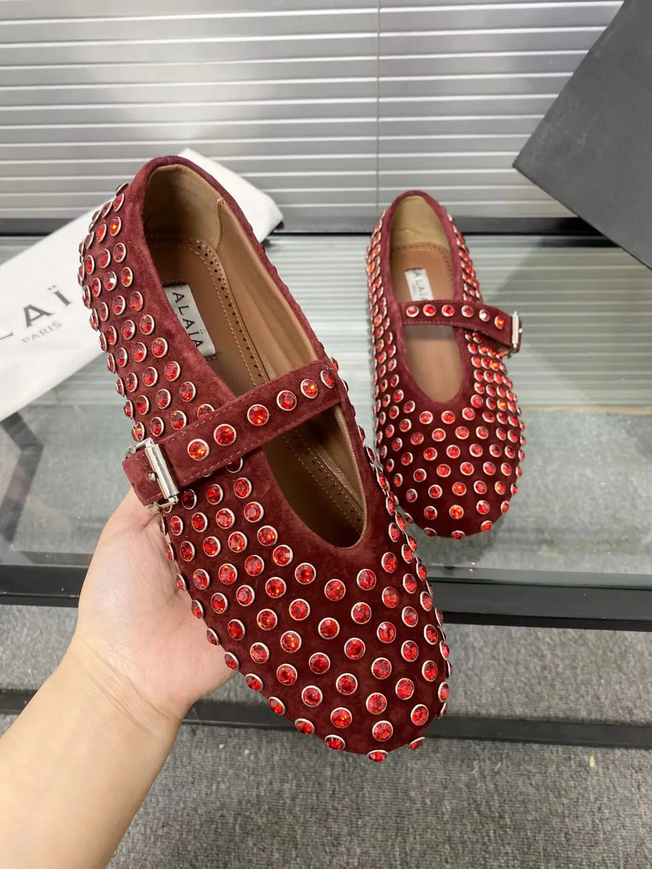 Alaia Cowhide Sheepskin Glossy Round-Toe Ballet Flats in Burgundy · view 8
