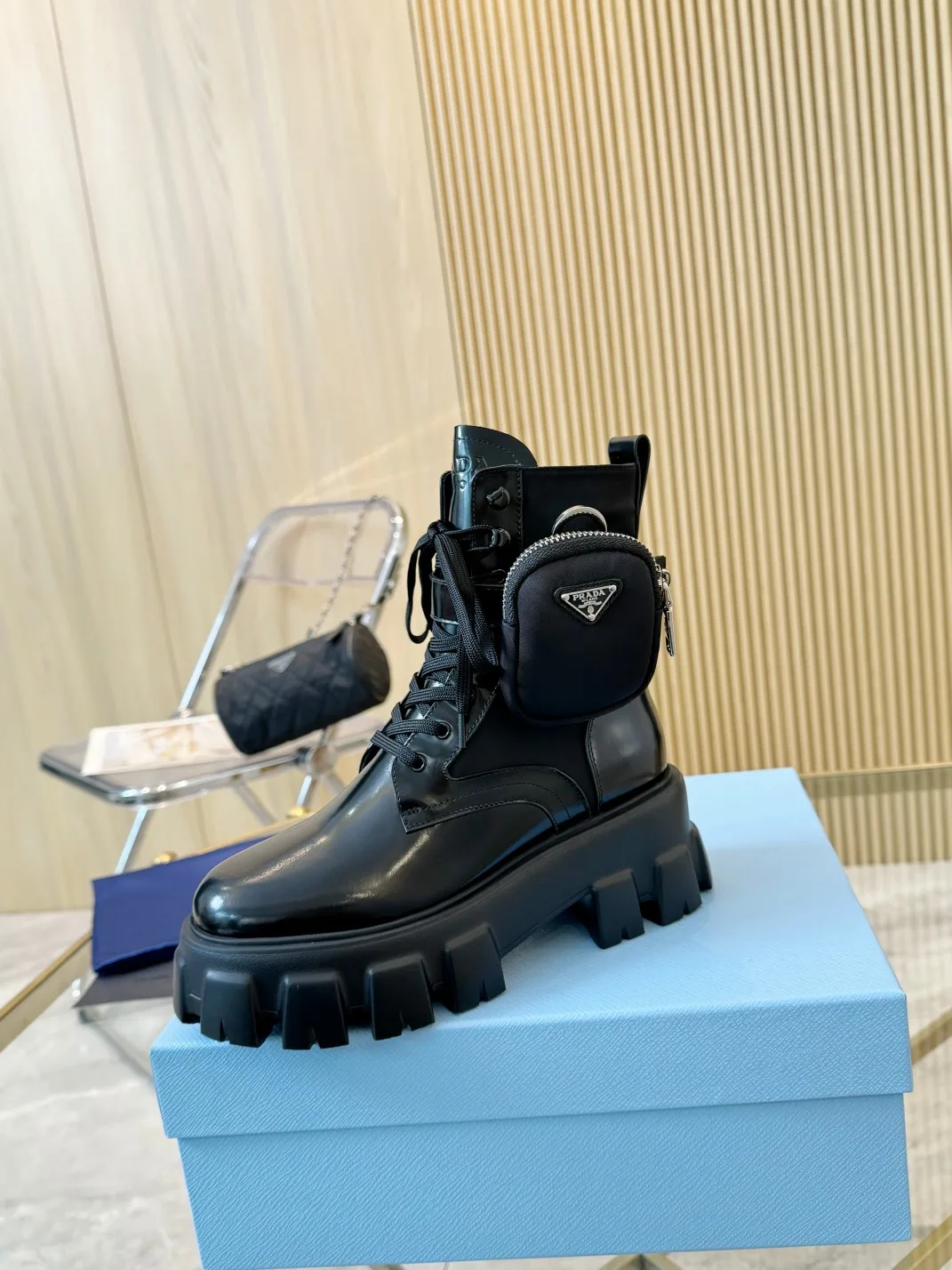 Prada Cowhide Glossy Lace-Up Ankle Boots in Black · view 5