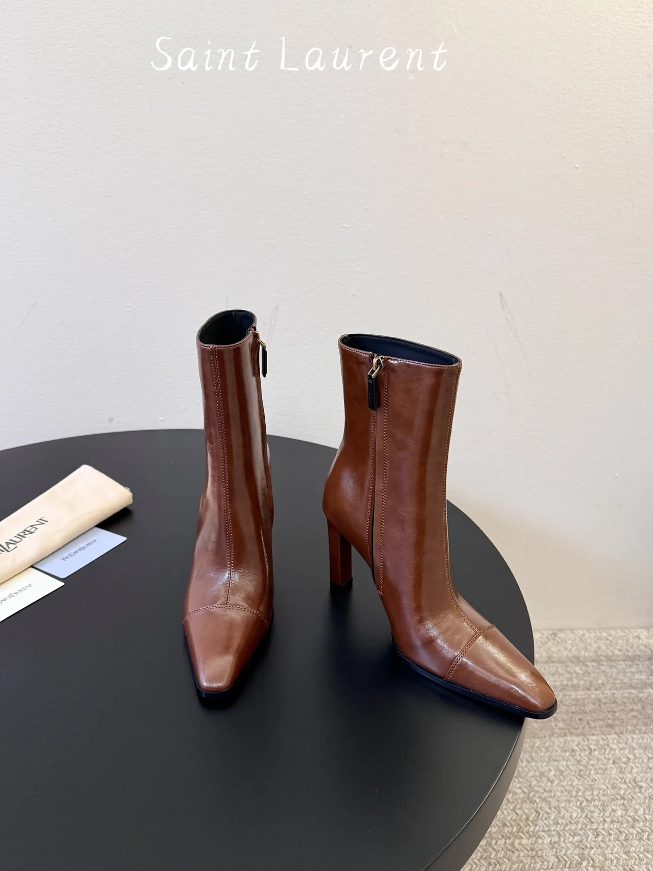 Saint Laurent Glossy Square-Toe Ankle Boots in Brown · view 2