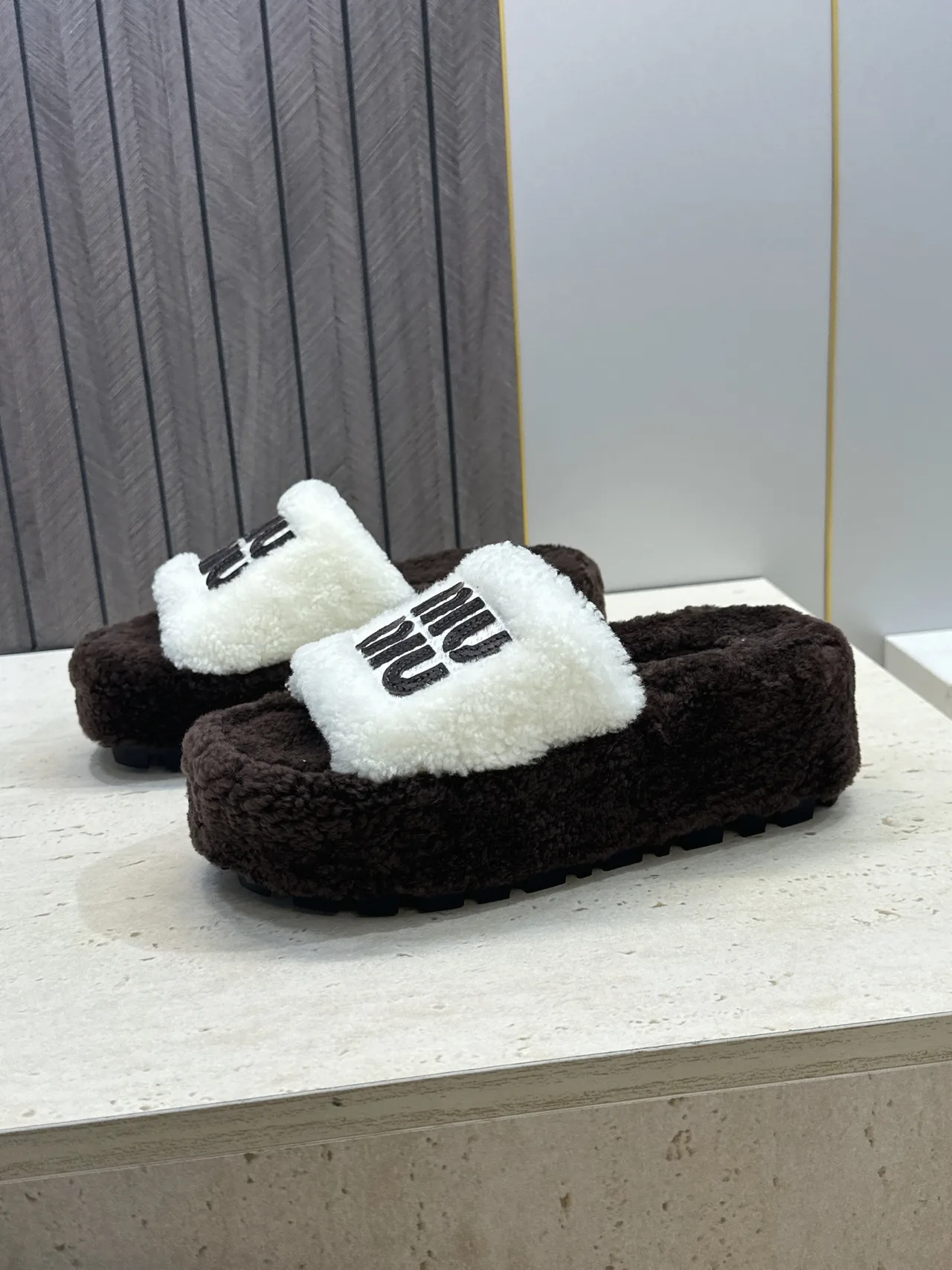 Miu Miu Plush Slide Sandals in Brown · view 5