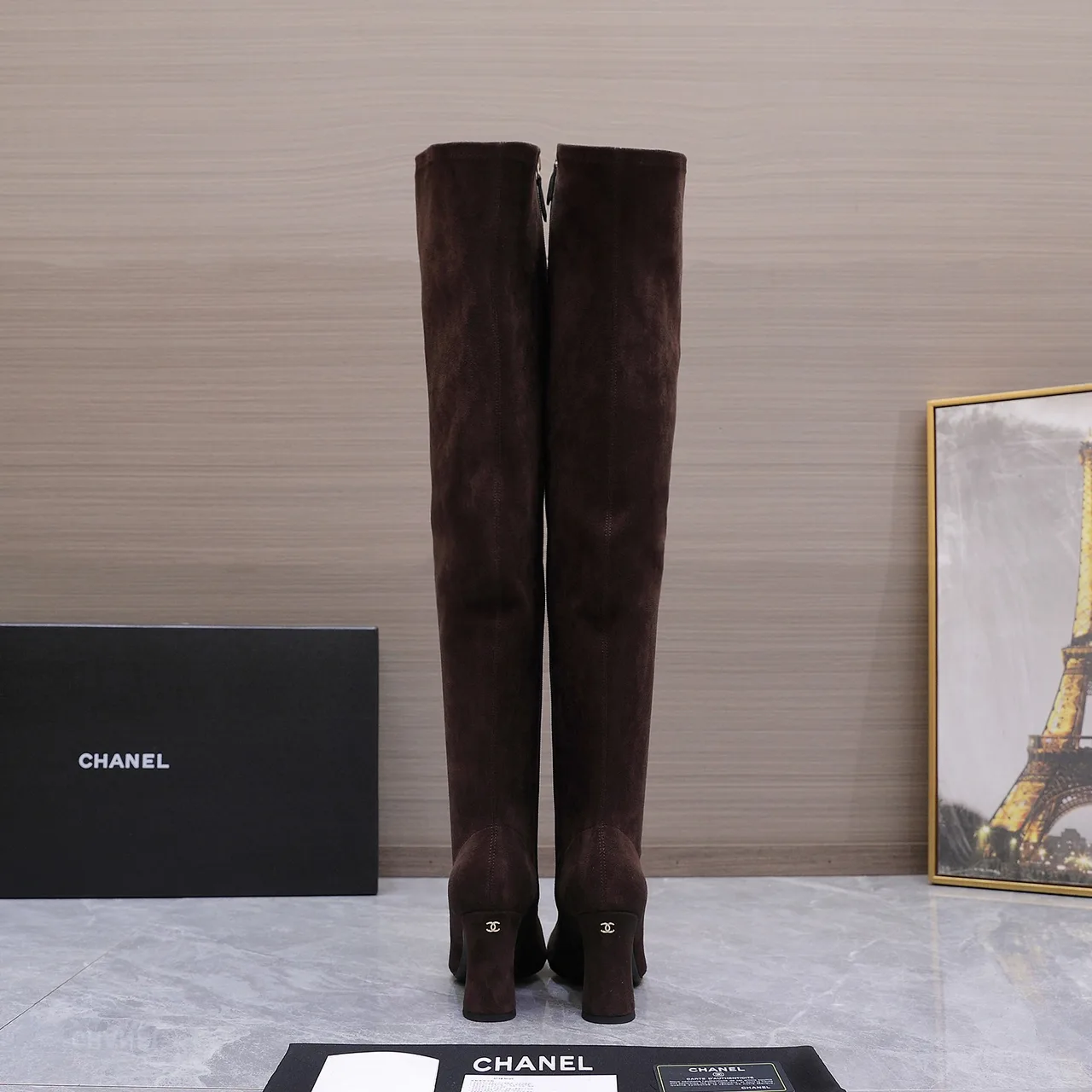 Chanel Cowhide Toe-Cap Knee Boots in Brown · view 2