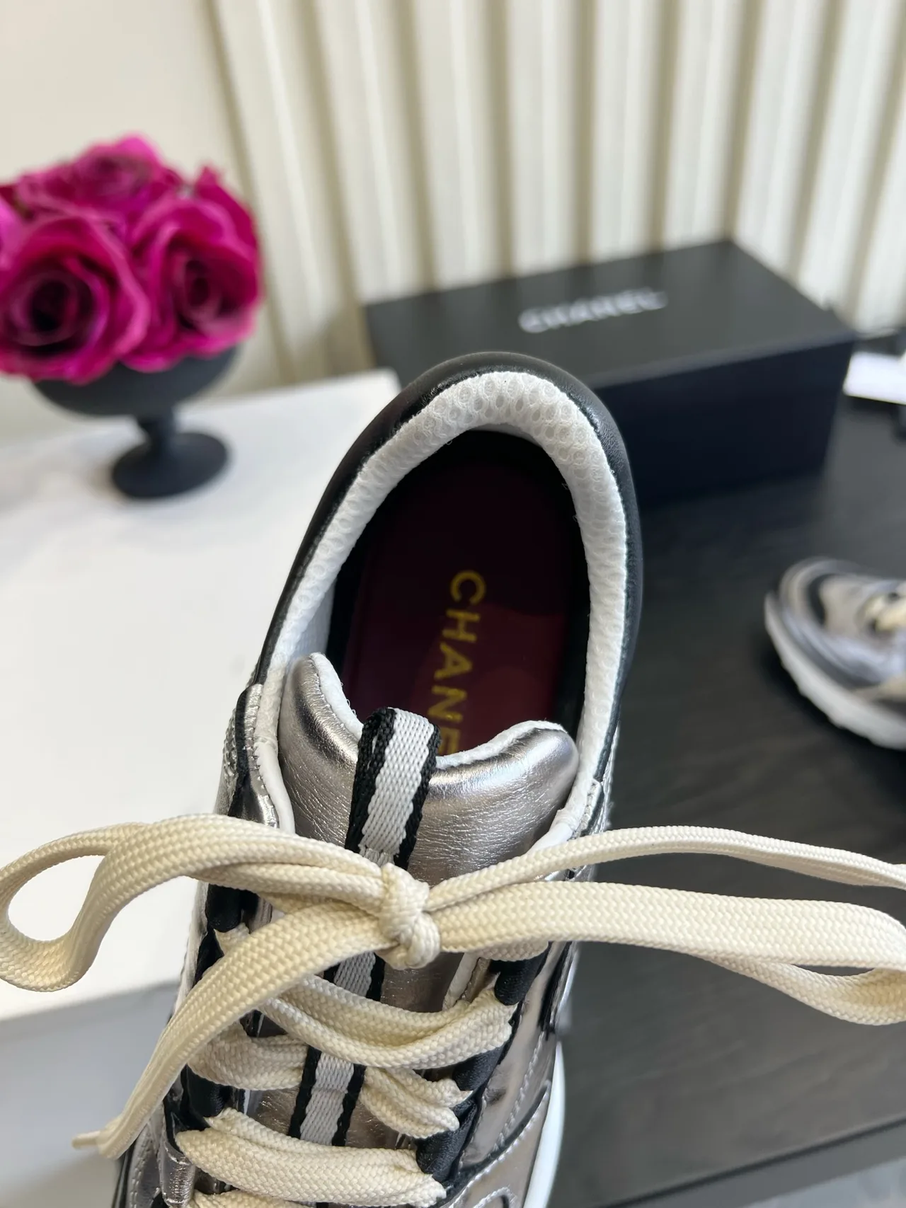 Chanel Striped Sneakers in Silver · view 8