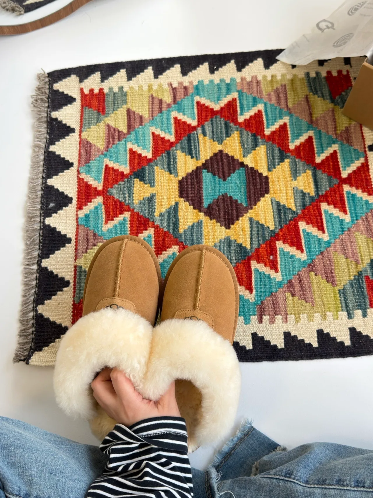 Round-Toe Plush-Cuff Flat Mules in Brown · view 1