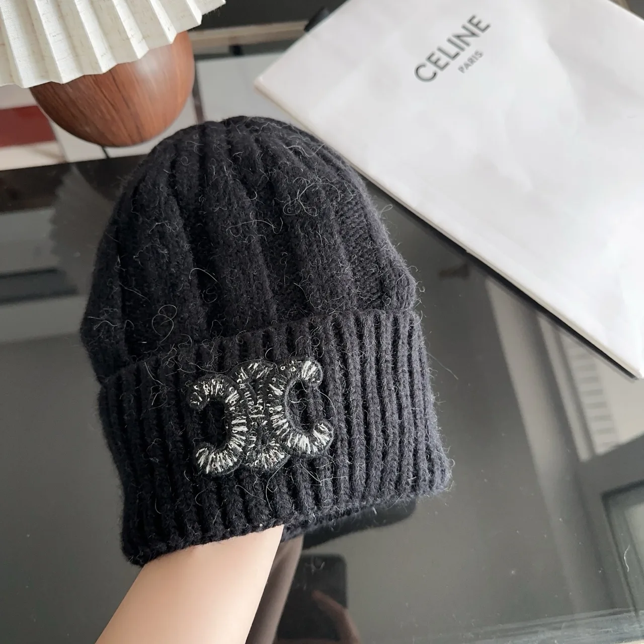 Celine Ribbed Beanie in Black · view 4