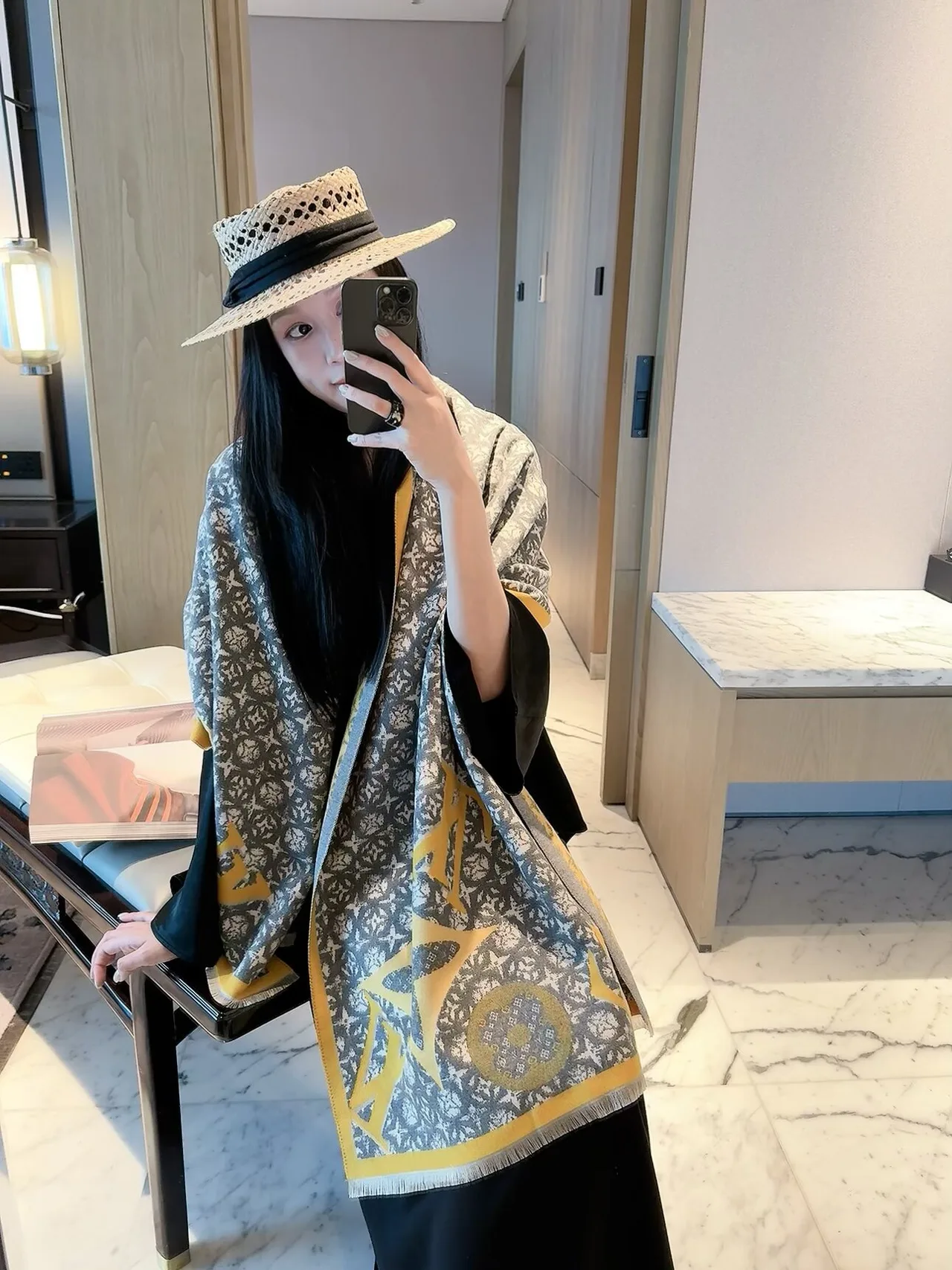 Louis Vuitton Monogram Jacquard Scarf in Grey & Brown · view 3