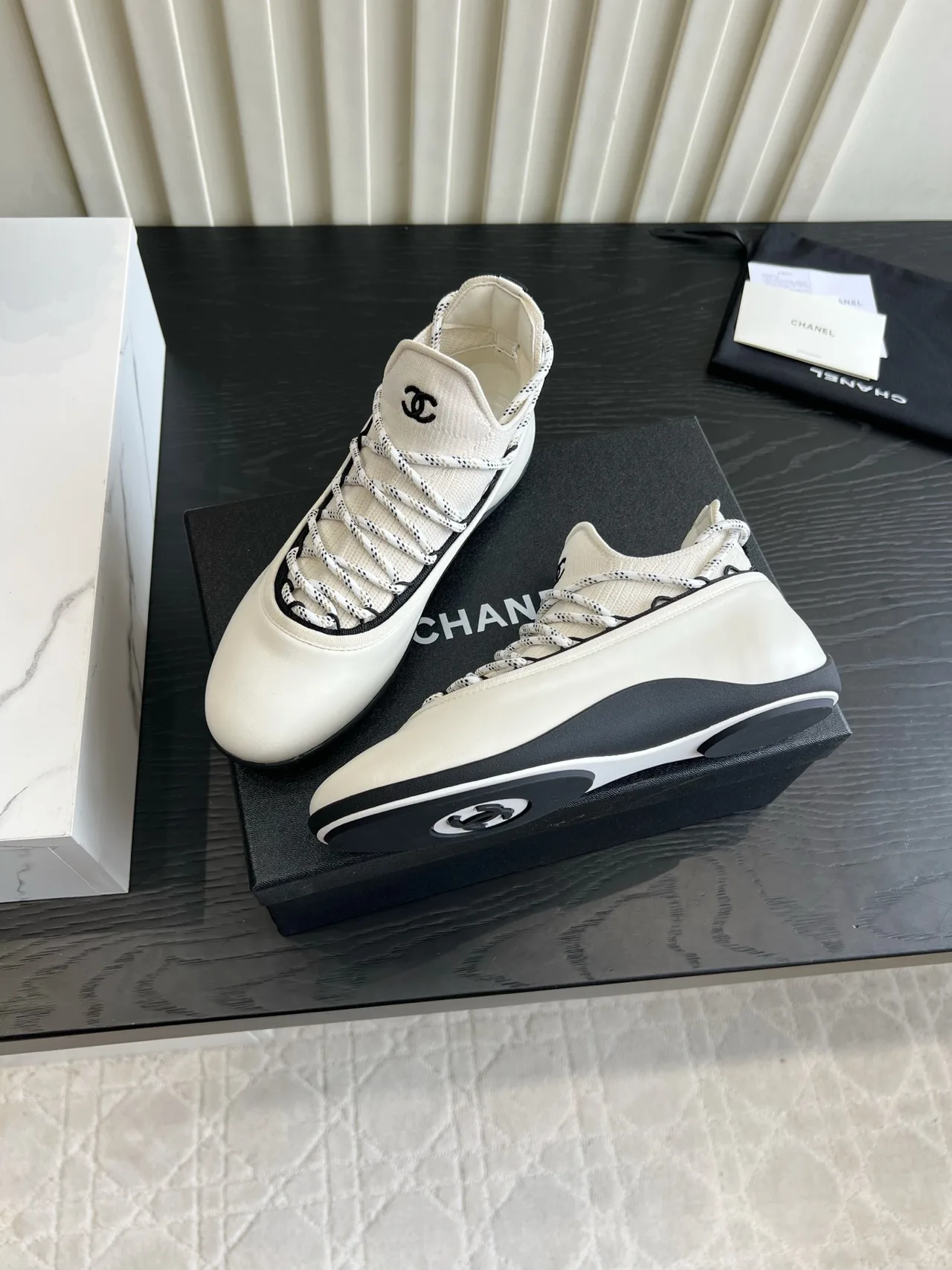 Chanel Sheepskin Striped Sneakers in White · view 4