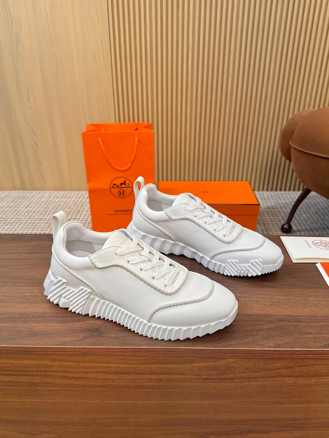 Hermes Smooth Lace-Up Sneakers in White · view 2