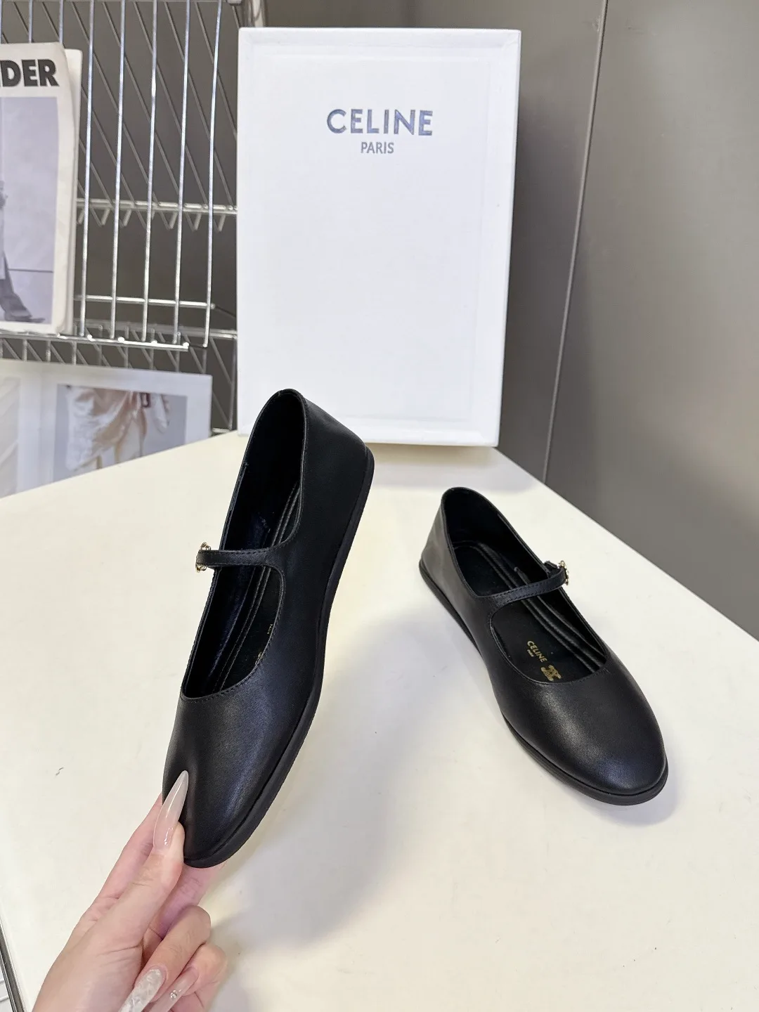 Celine Calfskin Square-Toe Mary Jane Flats in Black · view 5