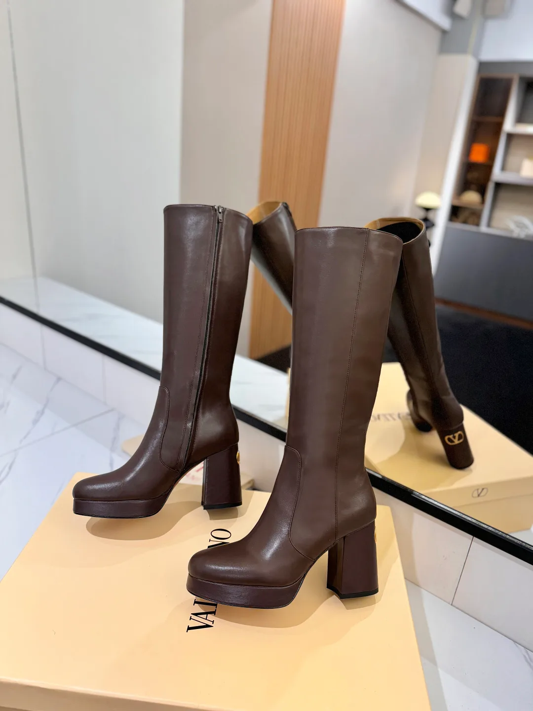 Valentino Cowhide Glossy Round-Toe Knee-High Boots in Brown · view 4
