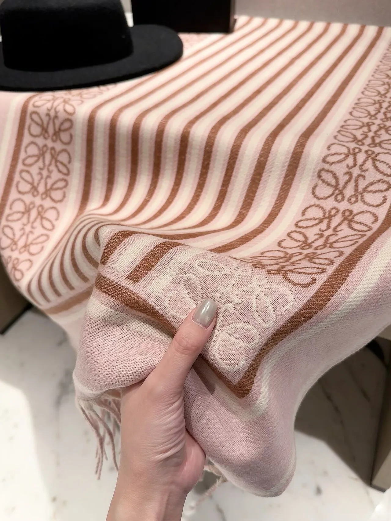 Loewe Striped Anagram fringed scarf in Pink & Brown · view 7