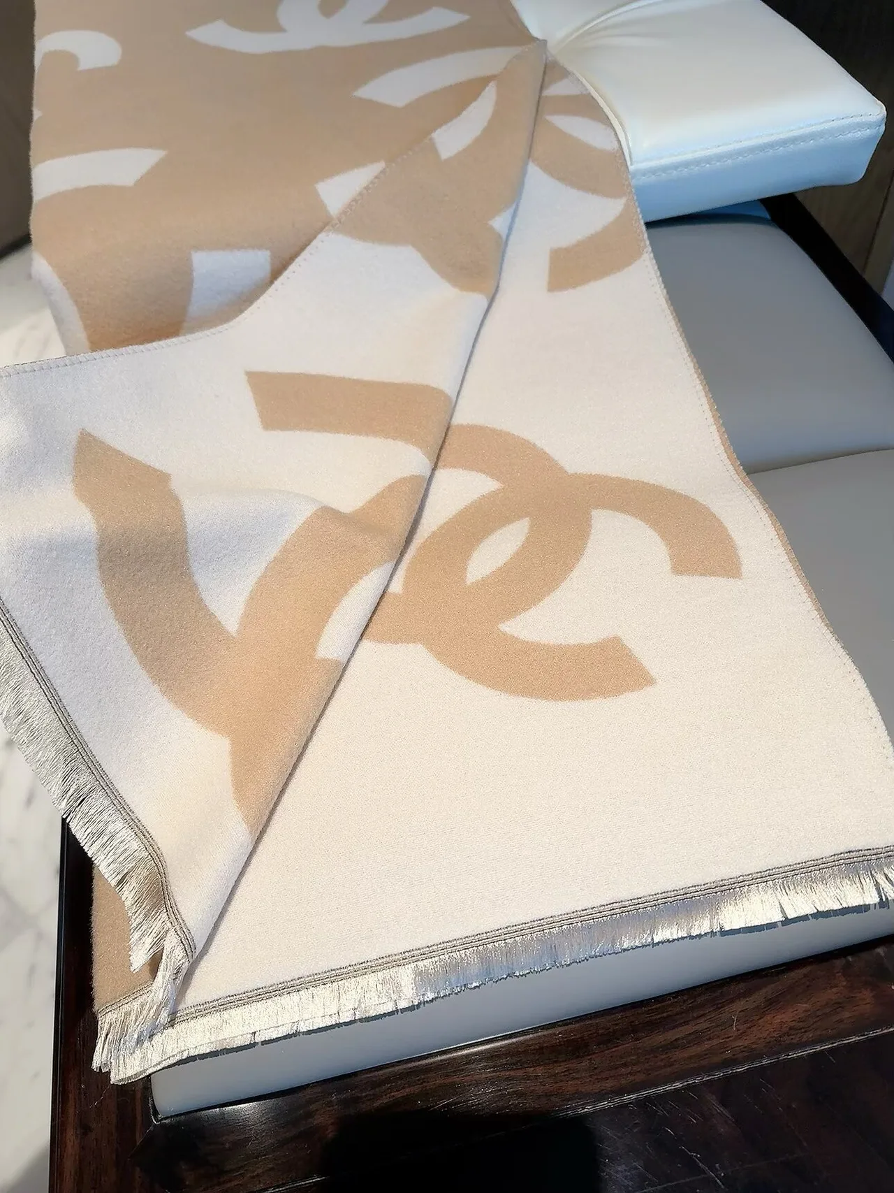 Chanel CC Jacquard Scarf in Beige & Black · view 6