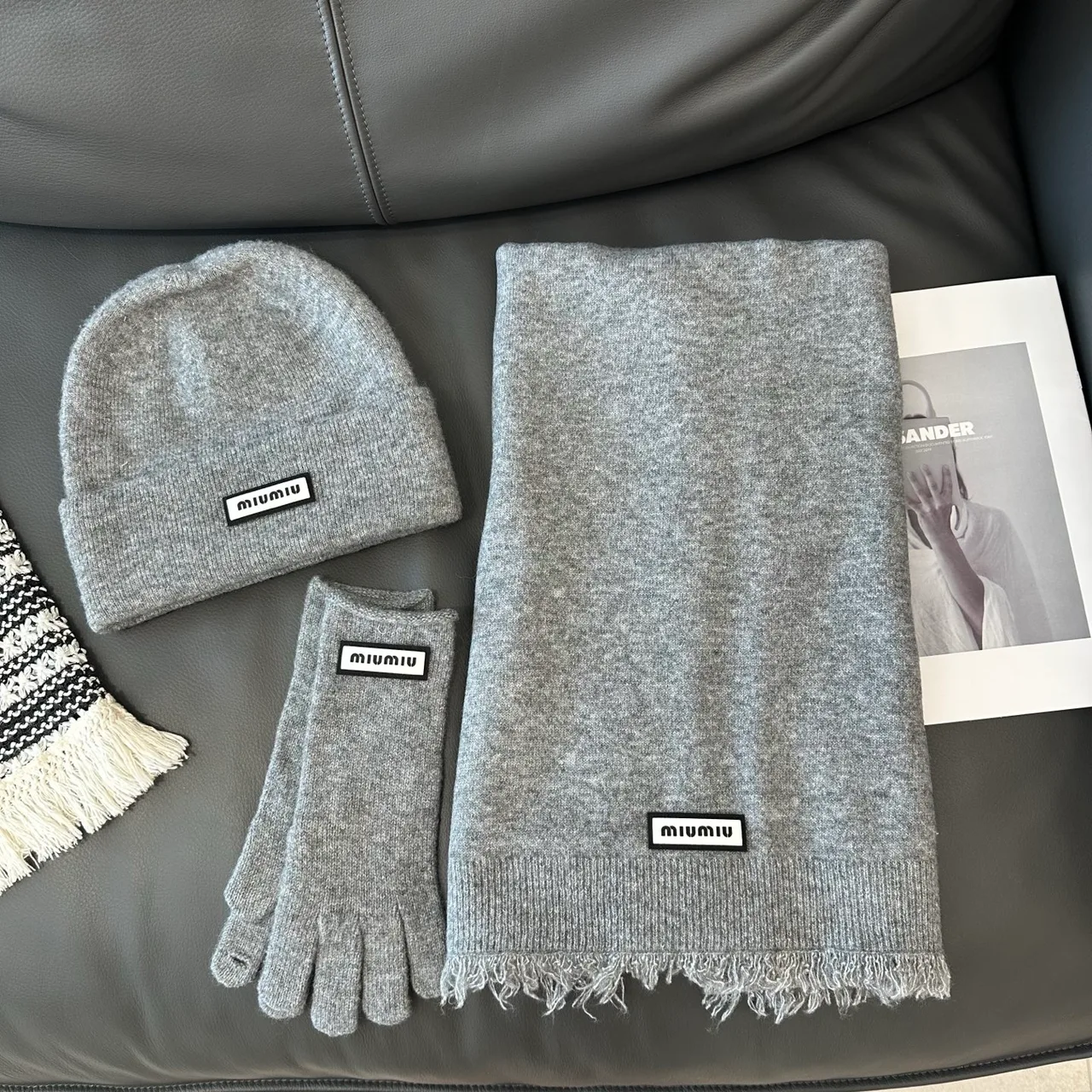 Miu Miu Hat Scarf and Gloves Set in White & Black & Grey & Beige · view 3