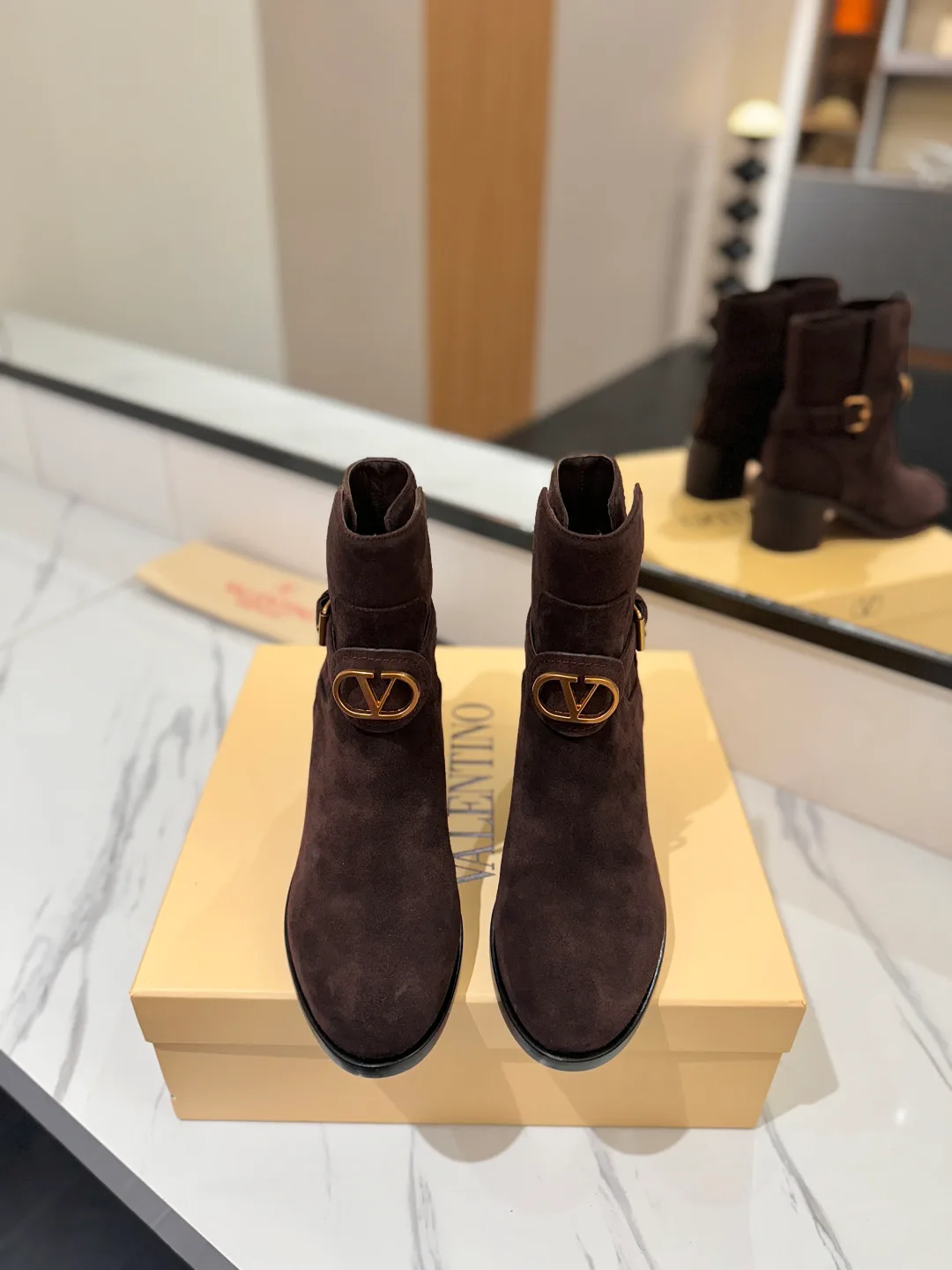 Valentino Calfskin Suede-Look Pointed-Toe Ankle Boots in Brown · view 3