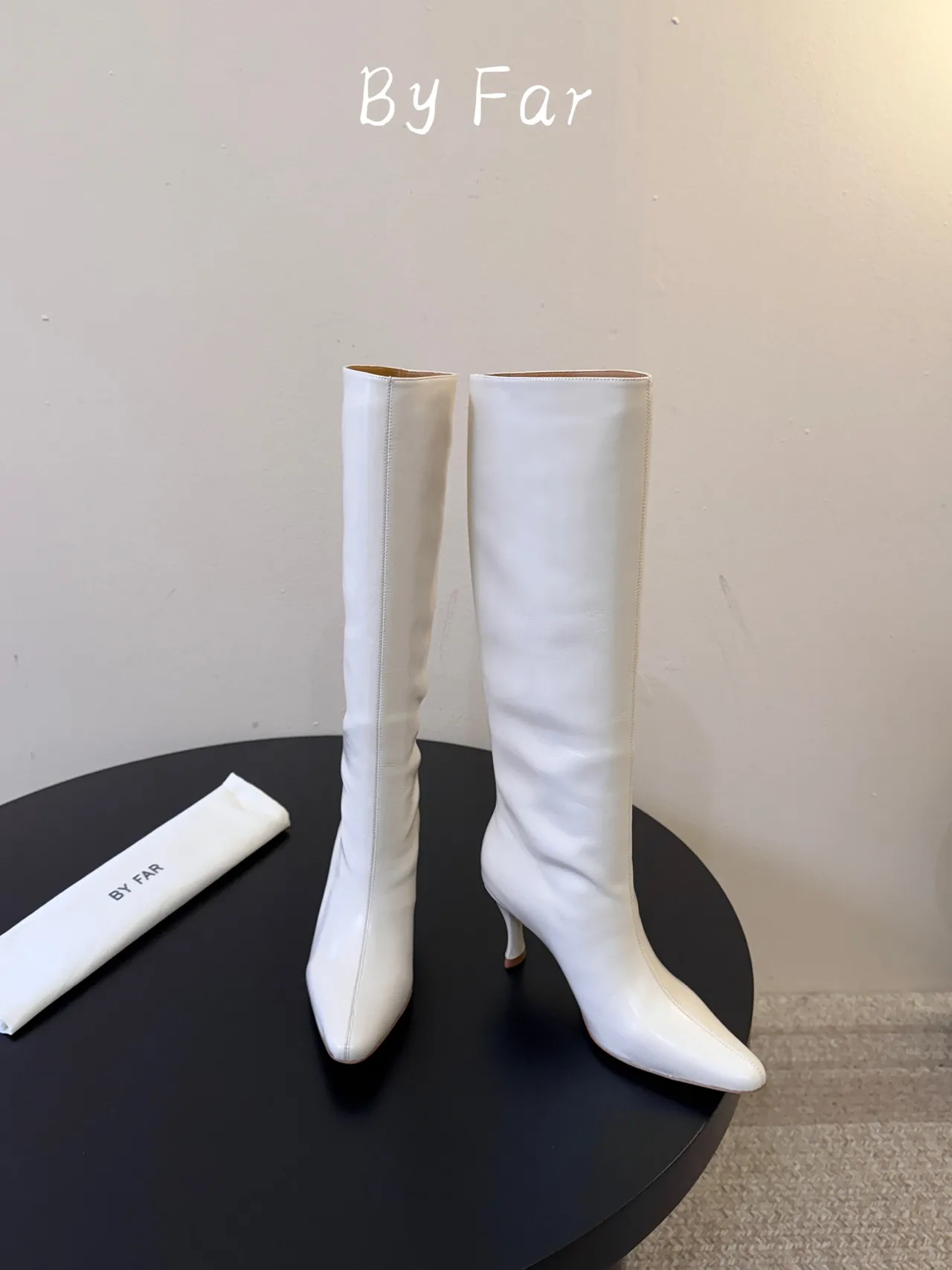 By Far Glossy Pointed-Toe Knee-High Boots in White · view 2