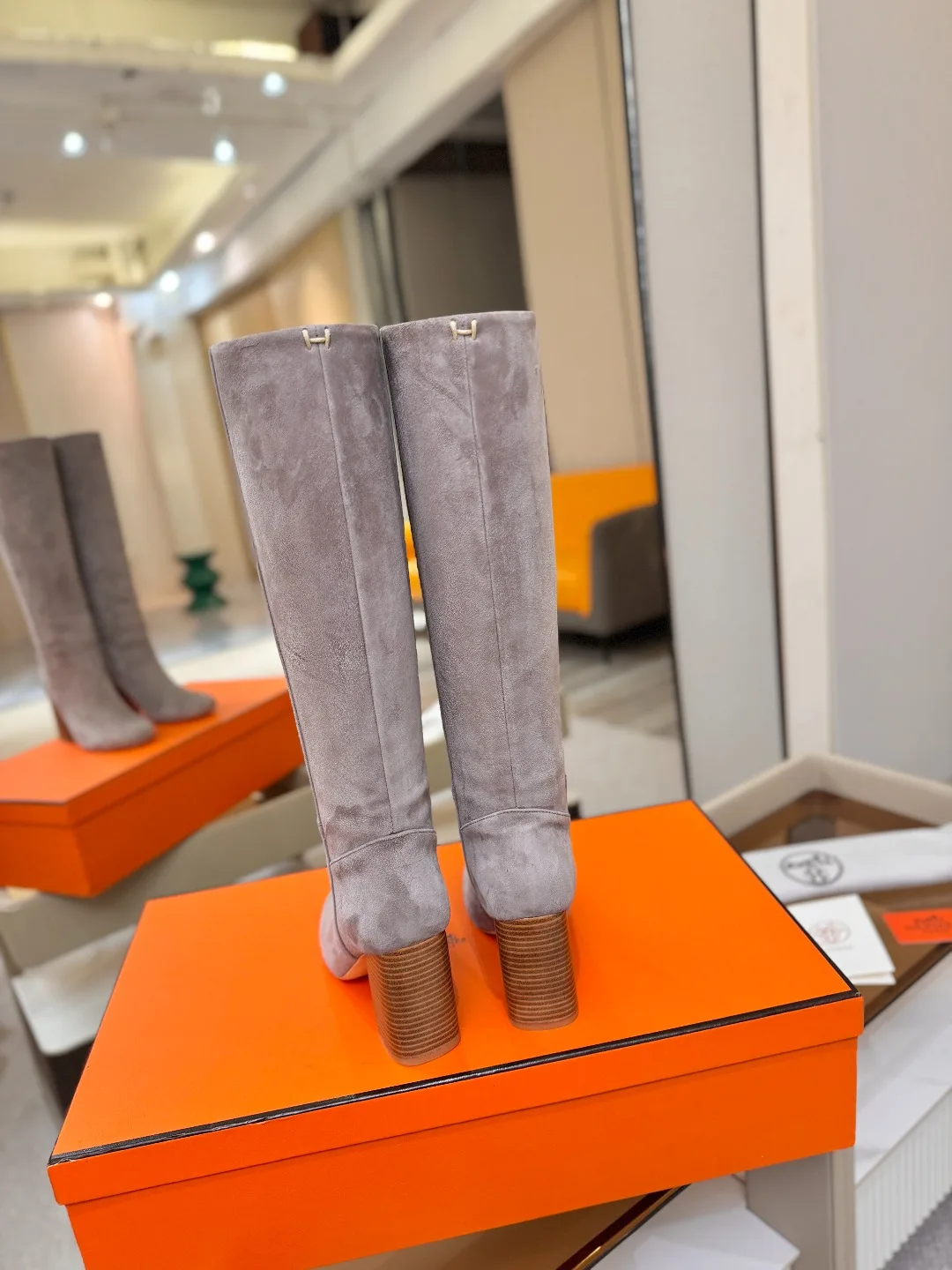 Hermes Cowhide Knee-High Boots in Grey · view 6