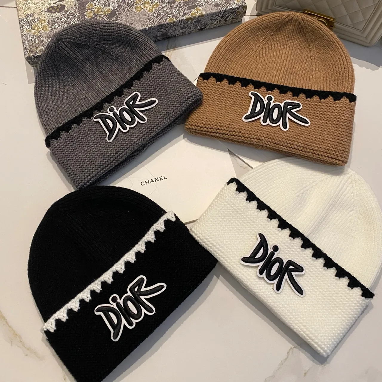 Dior Letter knit beanie in Black & White & Grey & Brown · view 5
