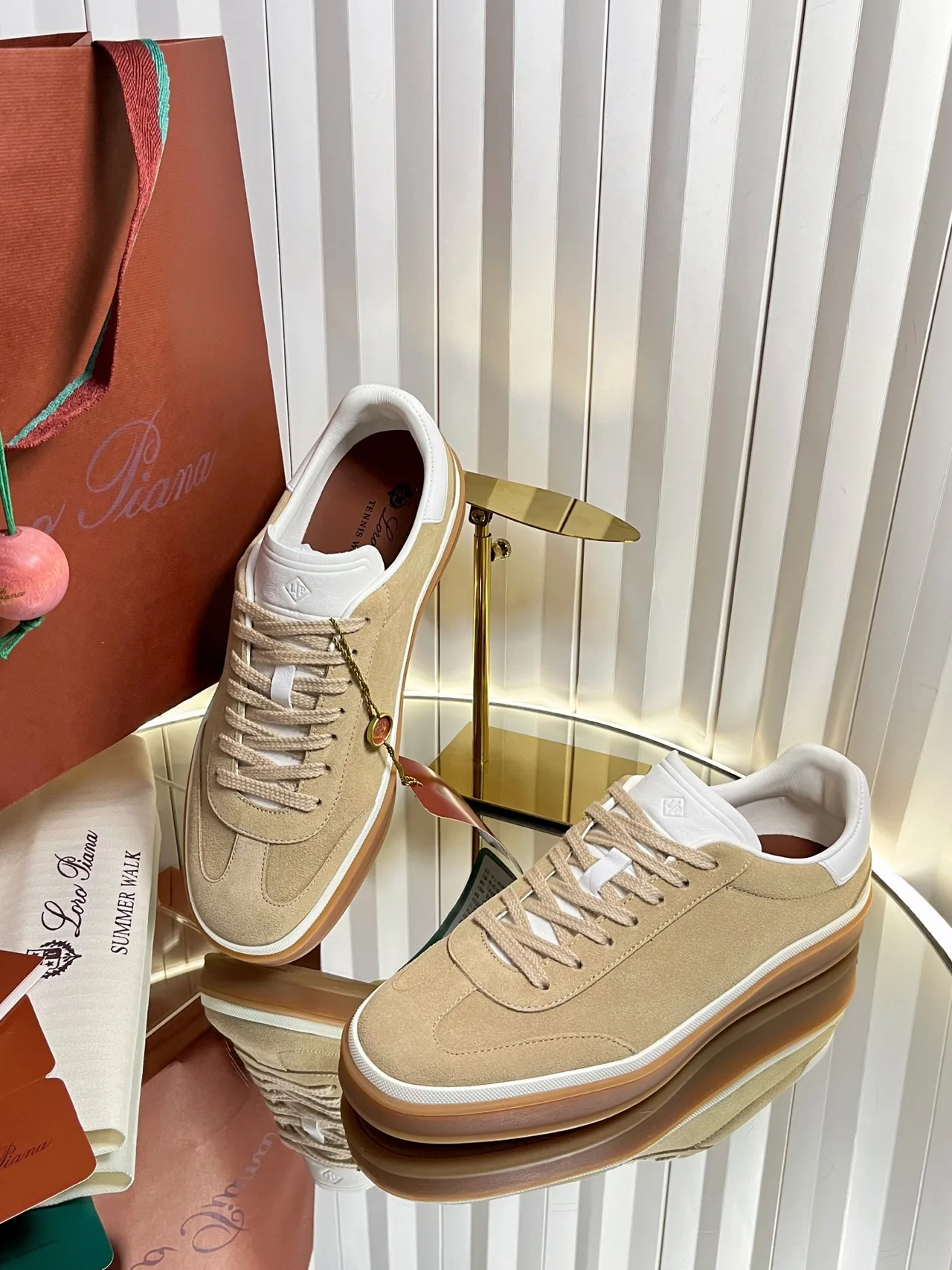 Loro Piana Cashmere Lace-Up Sneakers in Beige · view 5