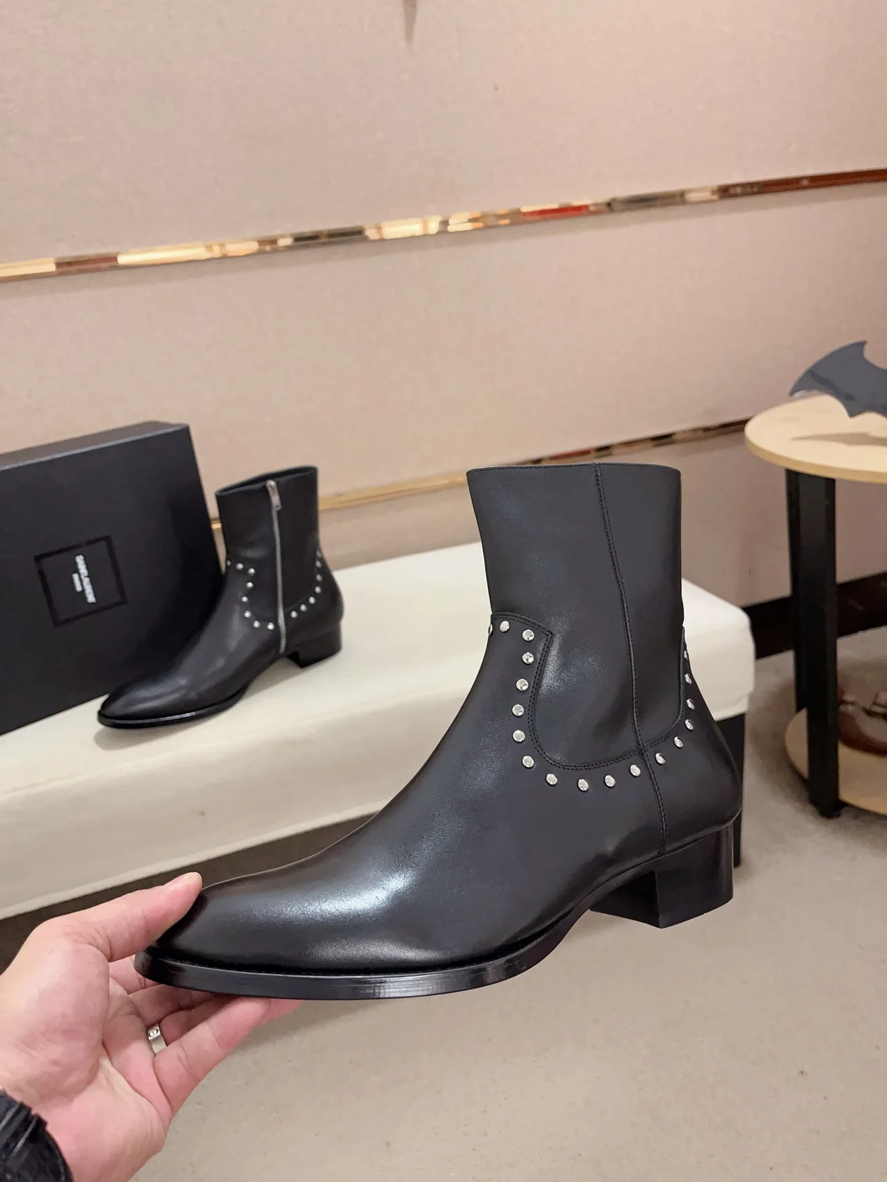 Saint Laurent Cowhide Glossy Pointed-Toe Ankle Boots in Black · view 3