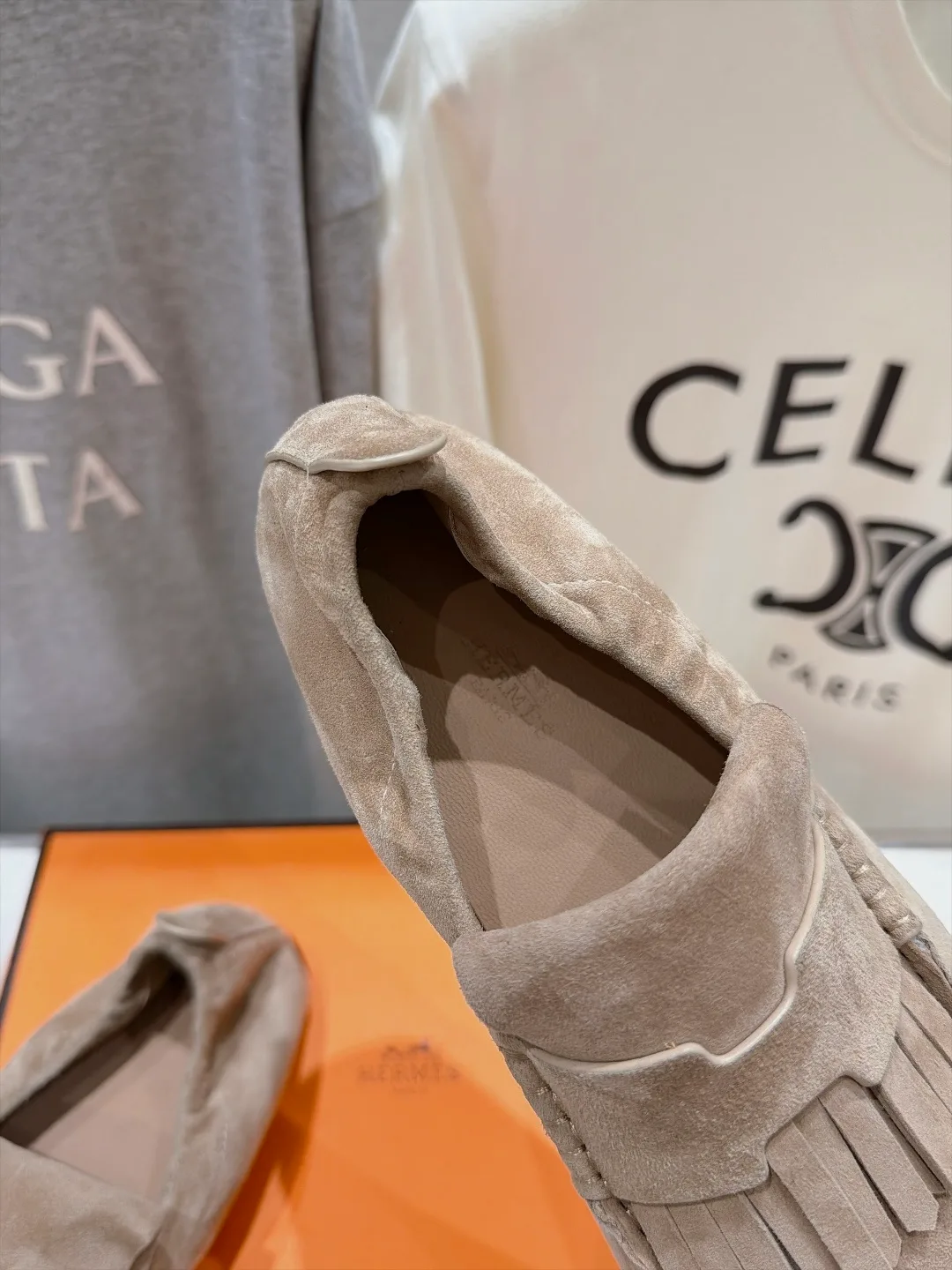 Celine Suede-Look Round-Toe Fringed Loafers in Beige · view 8