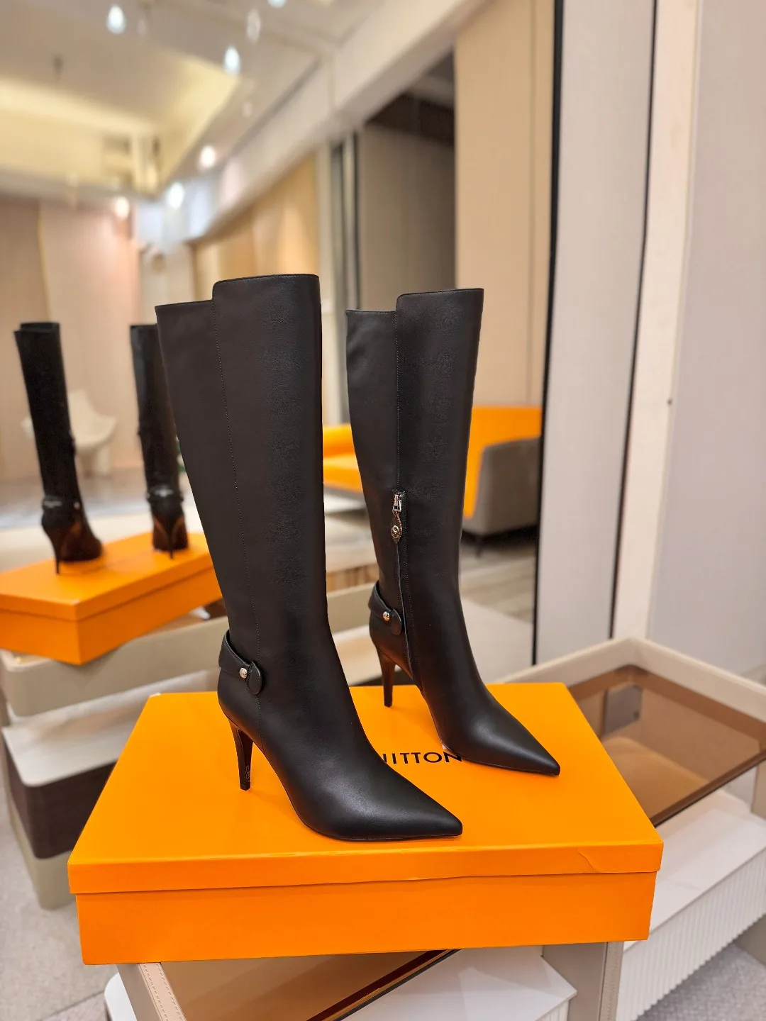 Louis Vuitton Calfskin Glossy Pointed-Toe Buckle Knee-High Stiletto Boots in Black · view 2