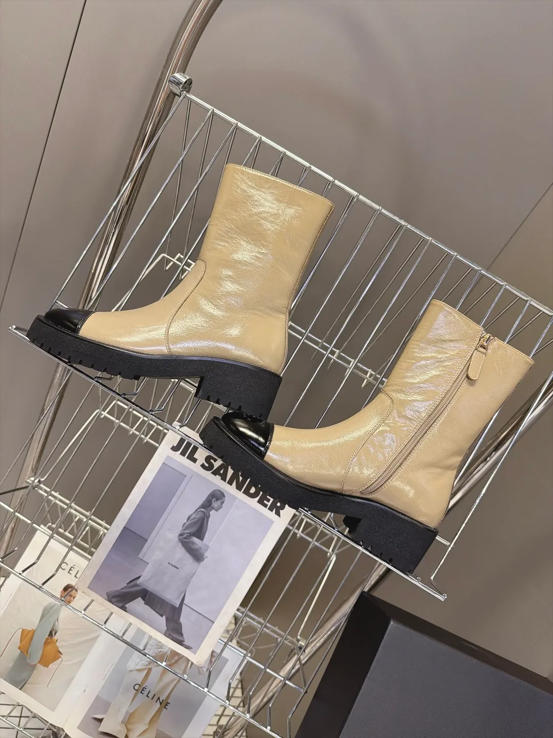 Chanel Cowhide Patent Leather Glossy Round-Toe Ankle Boots in Beige · view 6