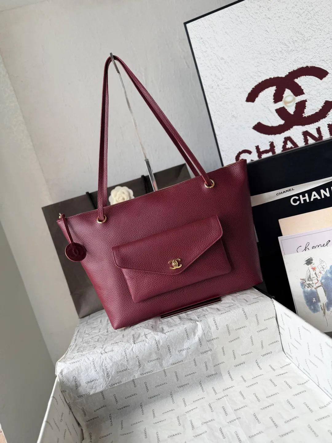 Chanel Leather Smooth Tote in Burgundy · view 2