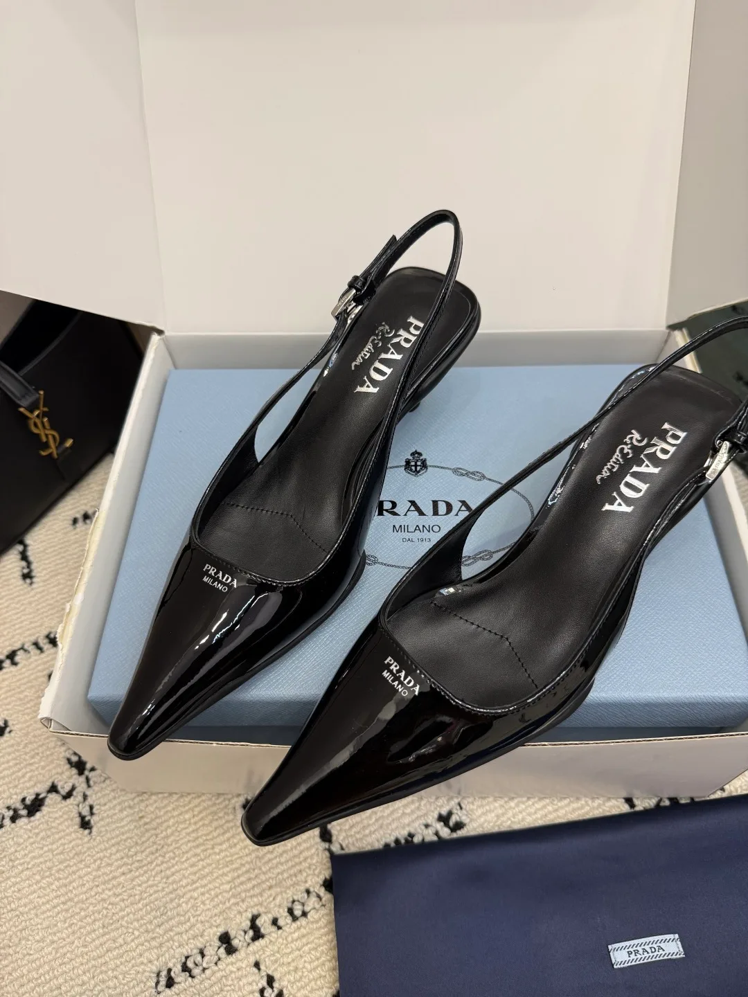 Prada Patent Leather Pointed Slingback Pumps in Black · view 6