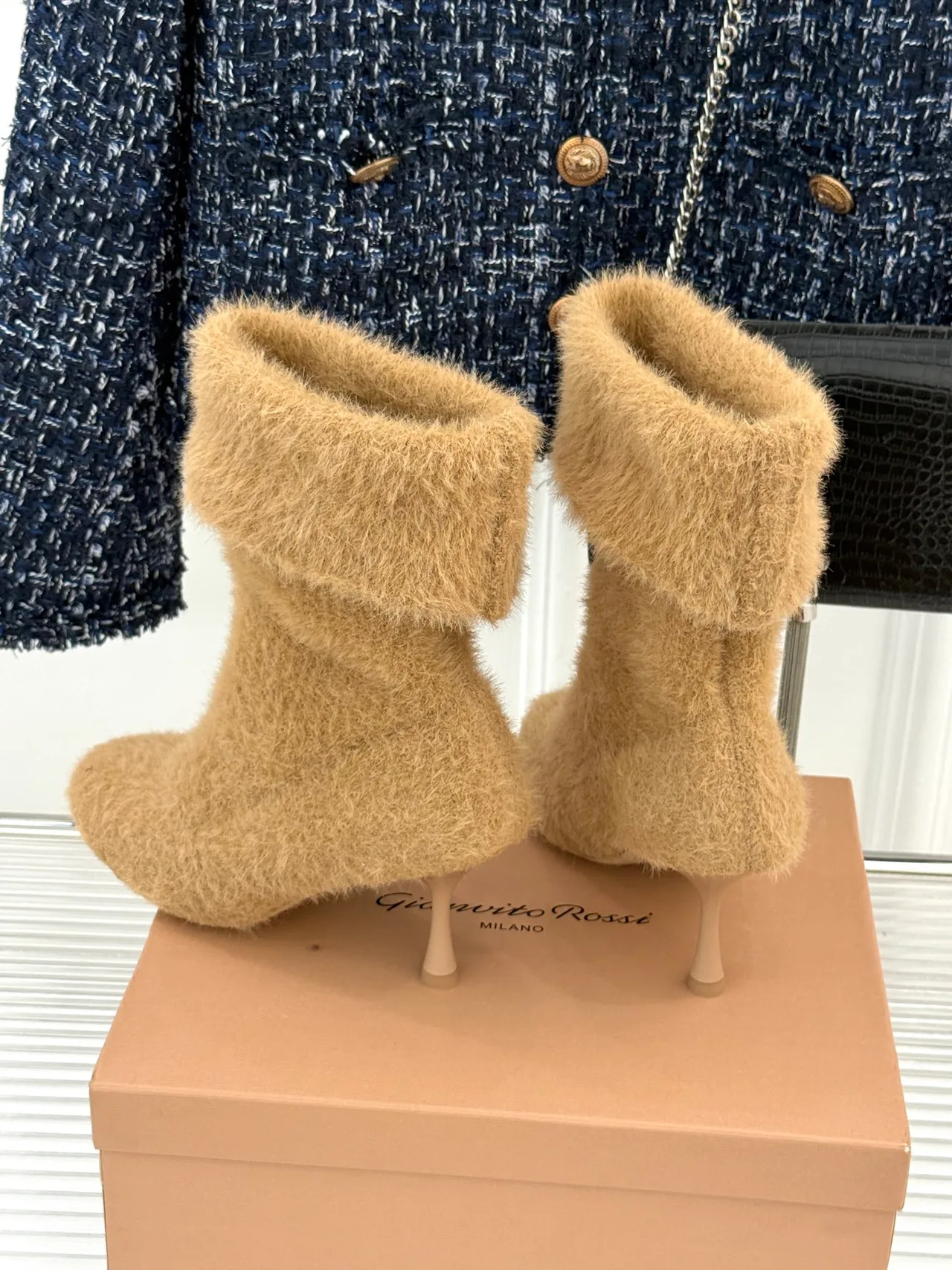 Gianvito Rossi Wool Fuzzy Ankle Boots in Beige · view 4