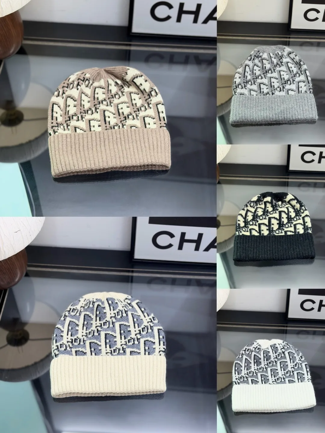 Dior Oblique Knit Beanie in Grey & Black & Blue & White · view 2