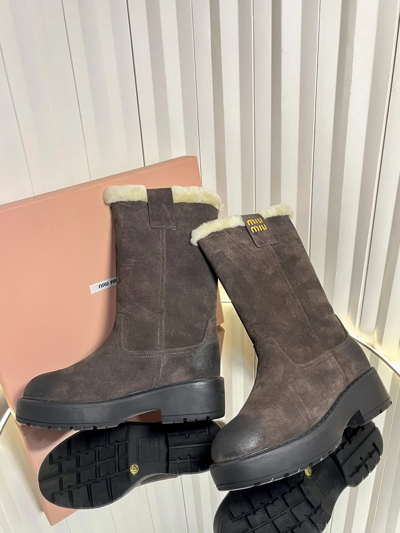 Miu Miu Calfskin Glossy Suede-Look Round-Toe Boots in Brown · view 5