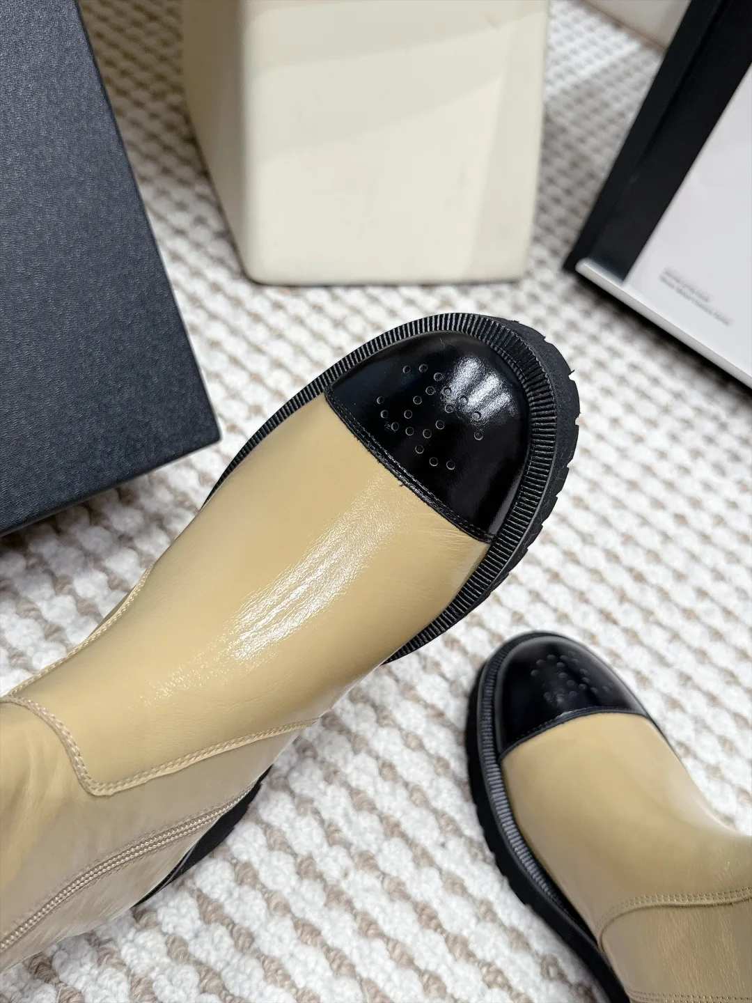 Loewe Cowhide Glossy Cap-Toe Ankle Boots in Tan · view 6