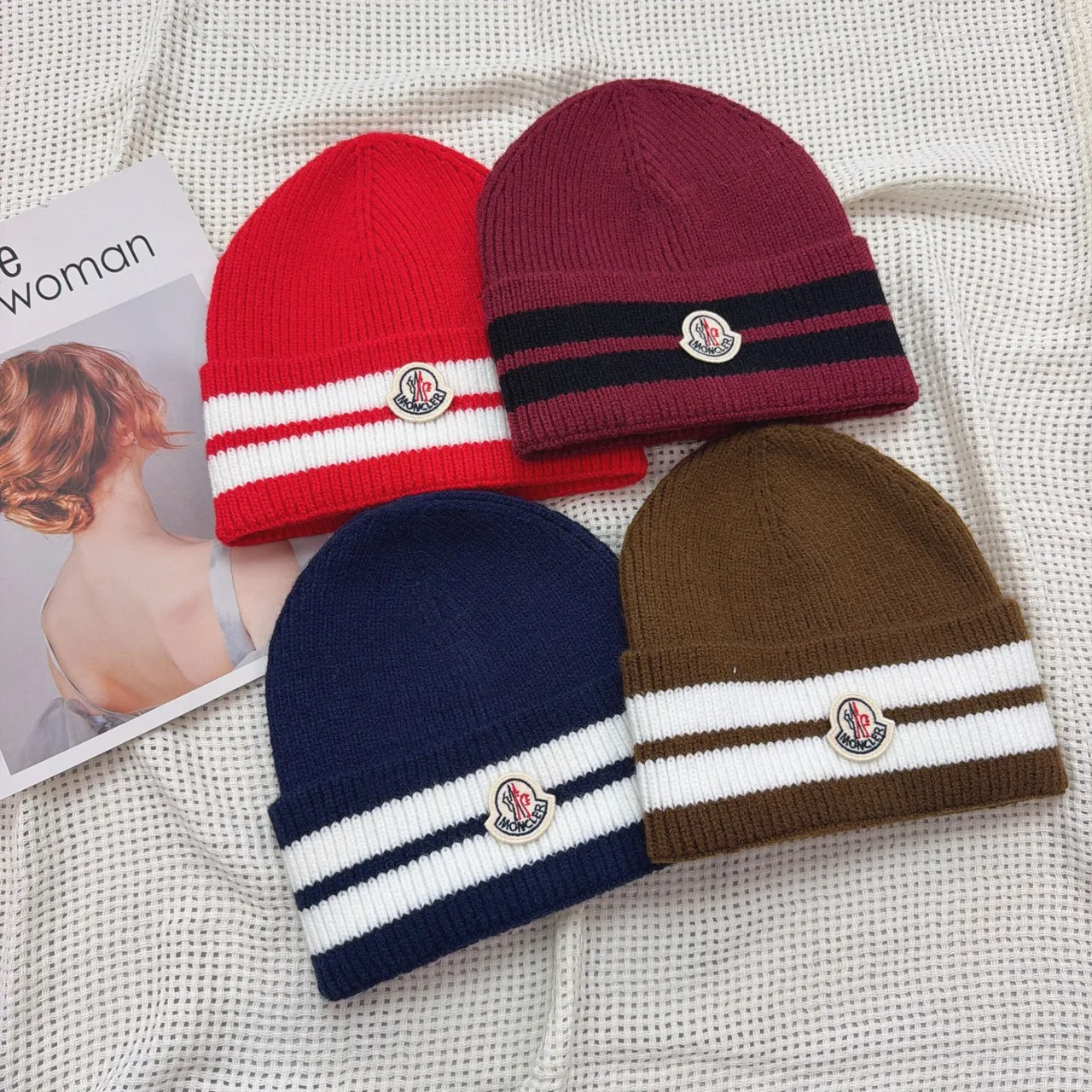 Moncler Striped-Cuff Beanie in Black & White & Brown & Grey & Burgundy & Red & Blue · view 8