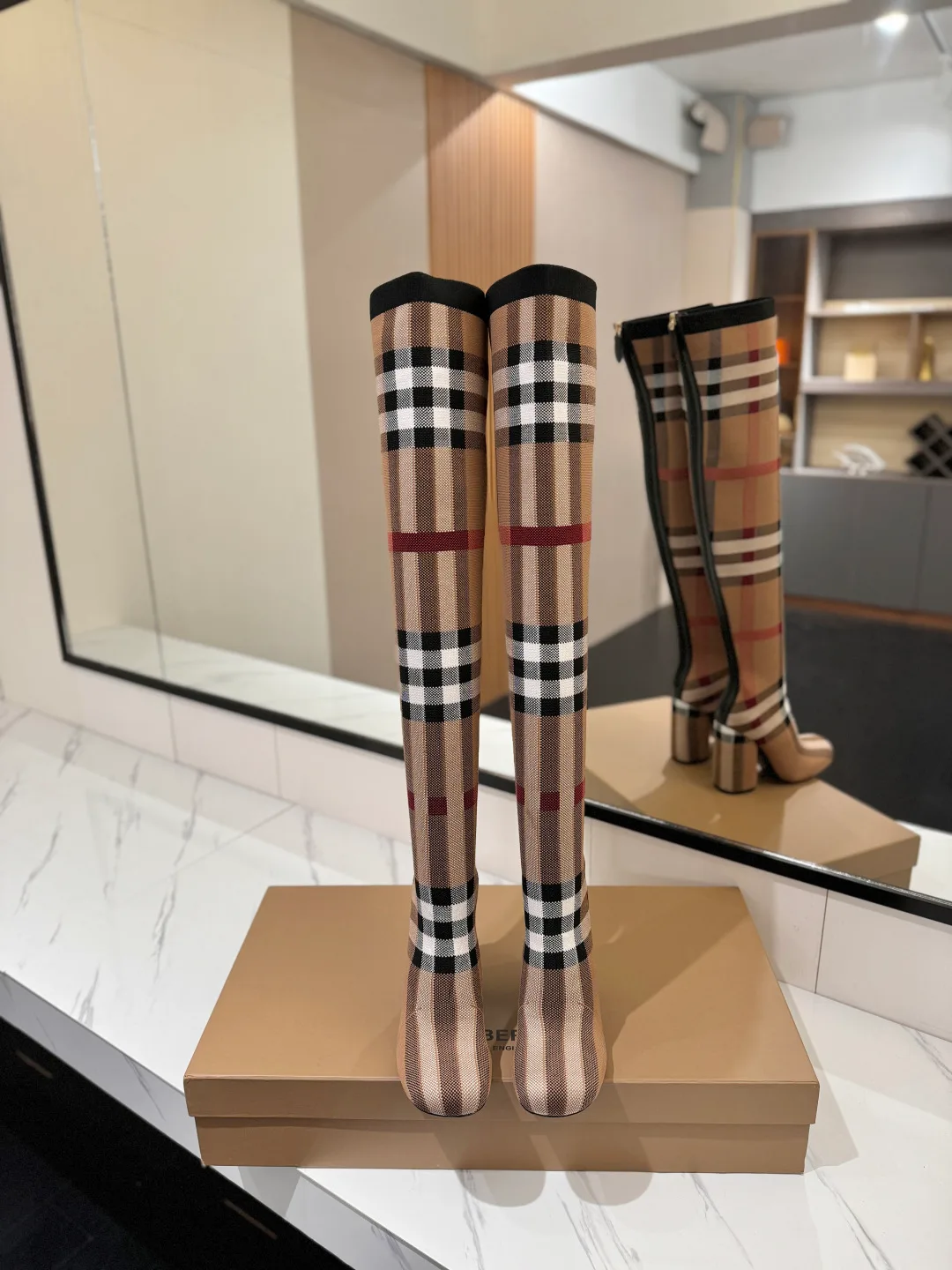 Burberry Check Knee-High Boots in Beige · view 3
