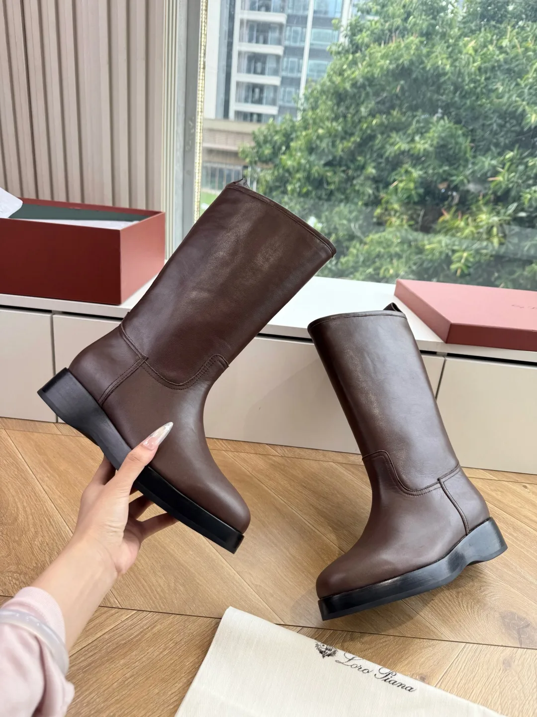 Loro Piana Cowhide Glossy Round-Toe Ankle Boots in Brown · view 6