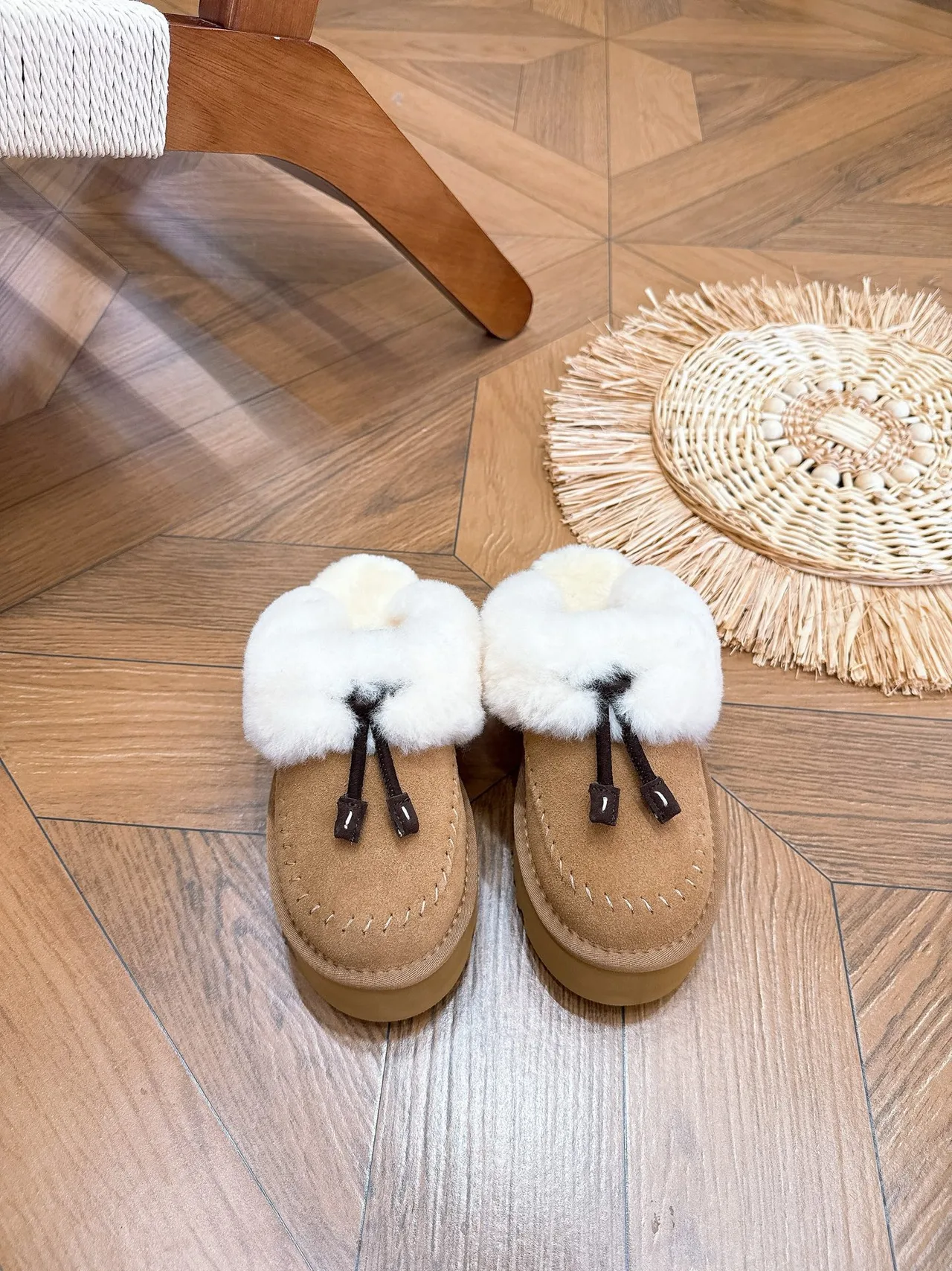 Suede-Look Plush-Cuff Platform Mules in Brown · view 1