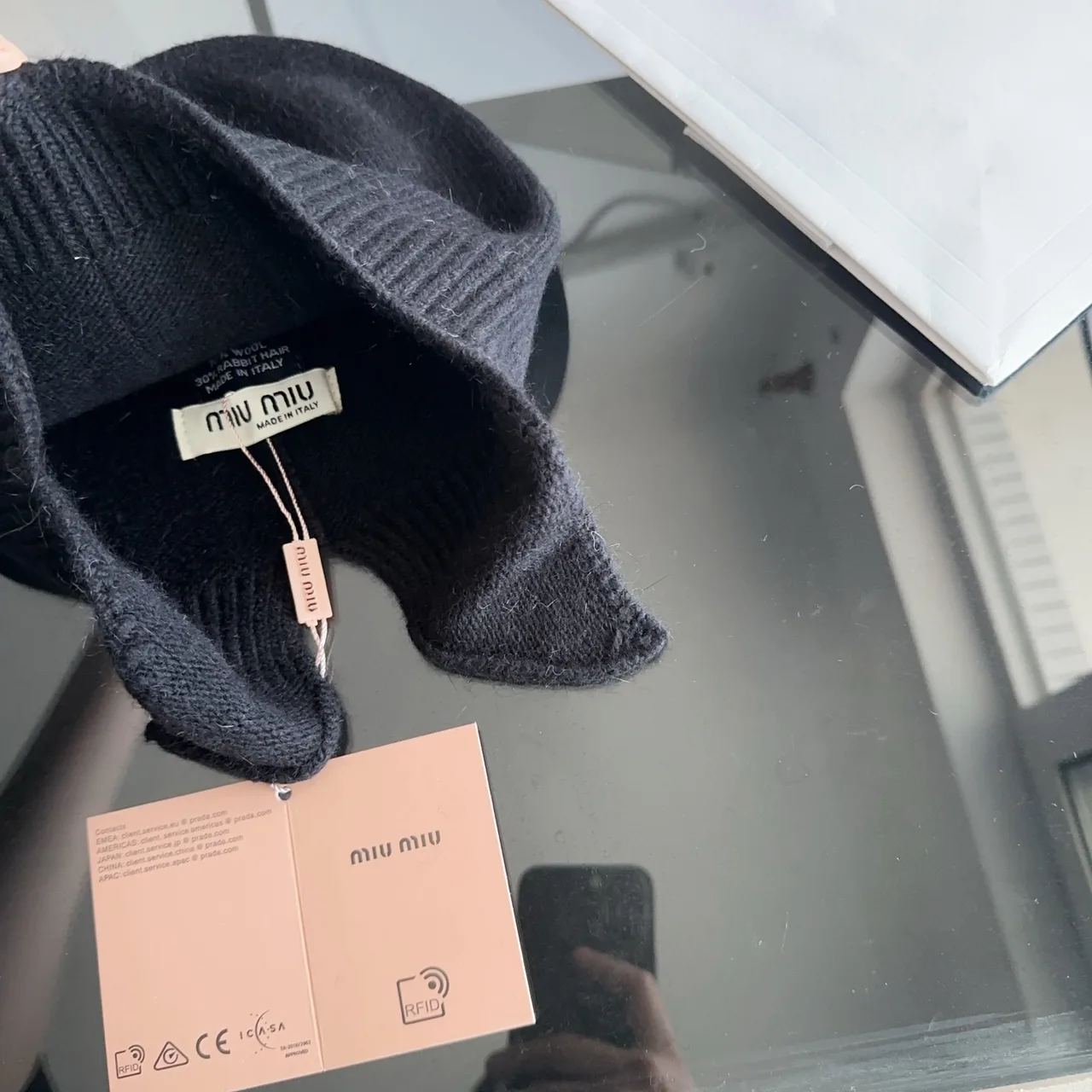 Miu Miu Ribbed Beanie in Black · view 7