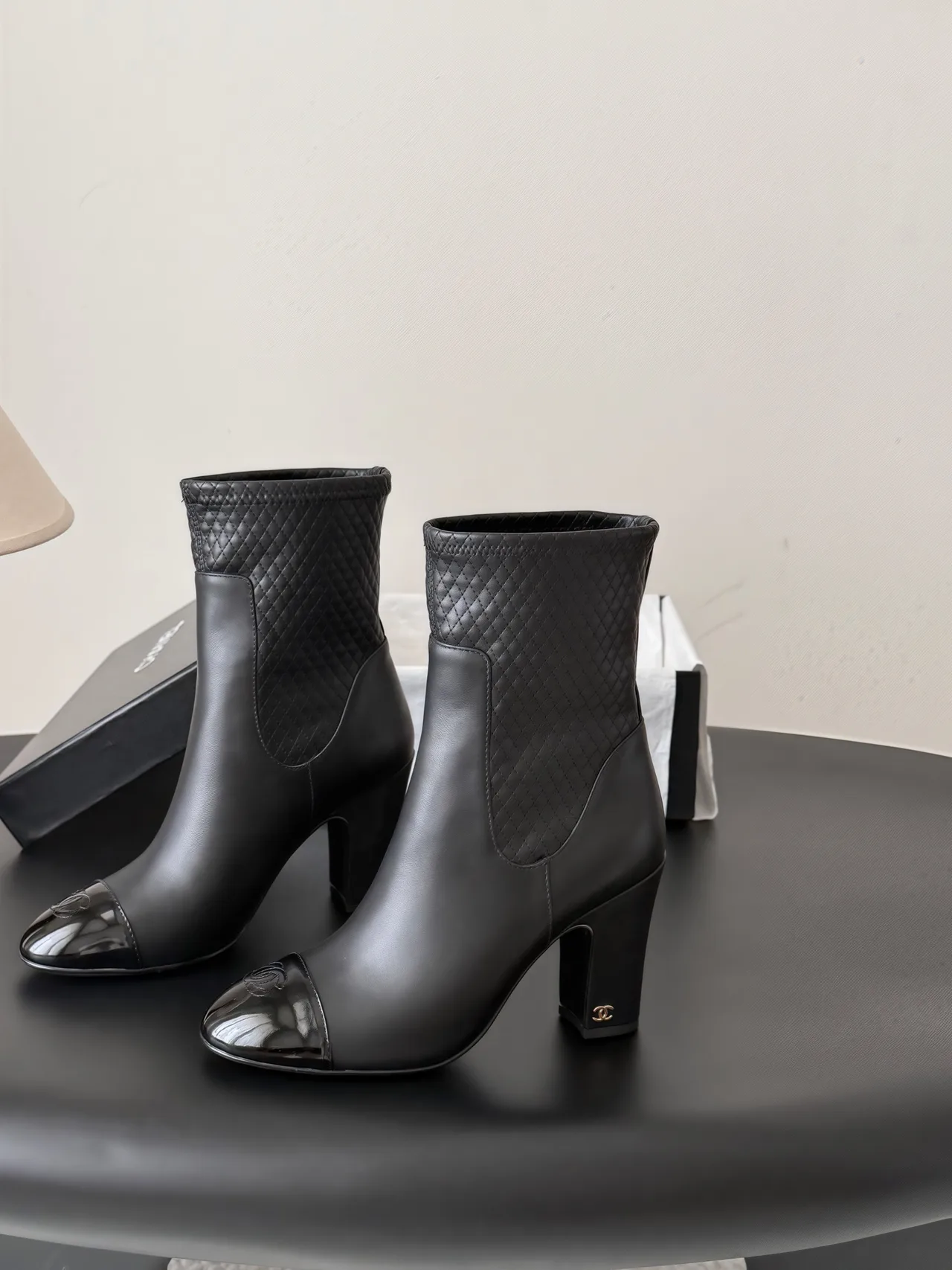 Chanel Cowhide Woven Glossy Pointed-Toe Ankle Boots in Black · view 2